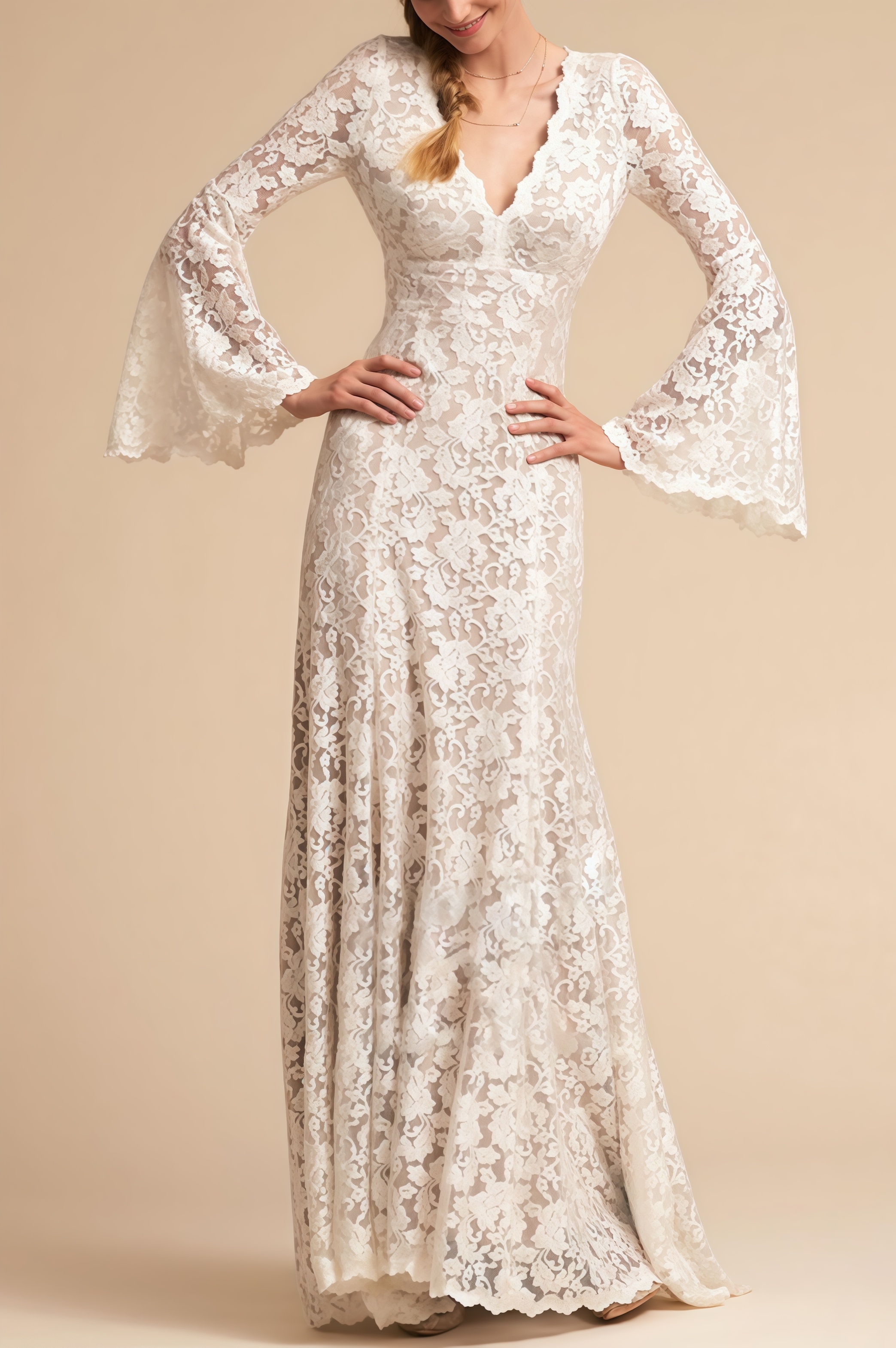 Zettad Flared Sleeve Backless Lace Maxi Dress