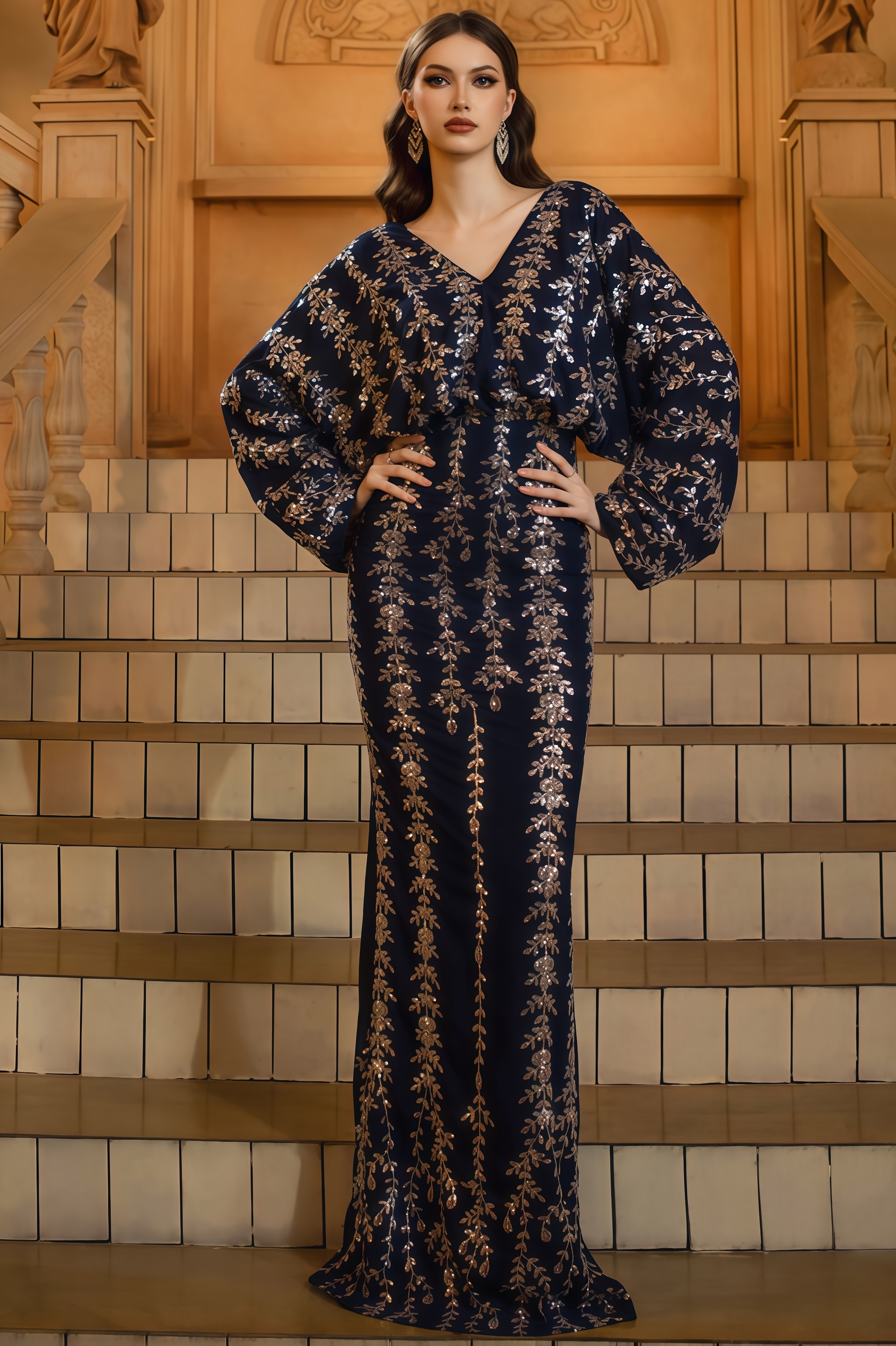 Mereke V-Neck Hip Wrap Sequin Maxi Dress