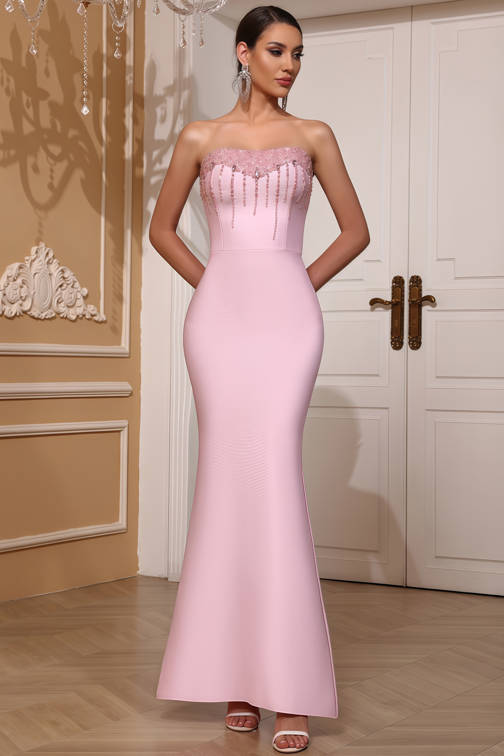 Mavik Pink Strapless Sparkling Maxi Dress