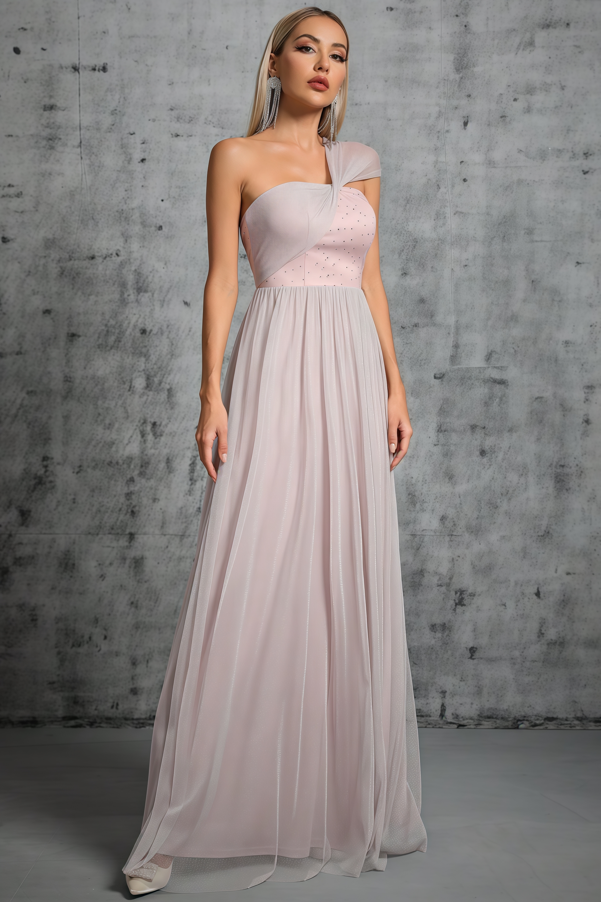 Ayven Pink One-Shoulder Mesh Maxi Dress
