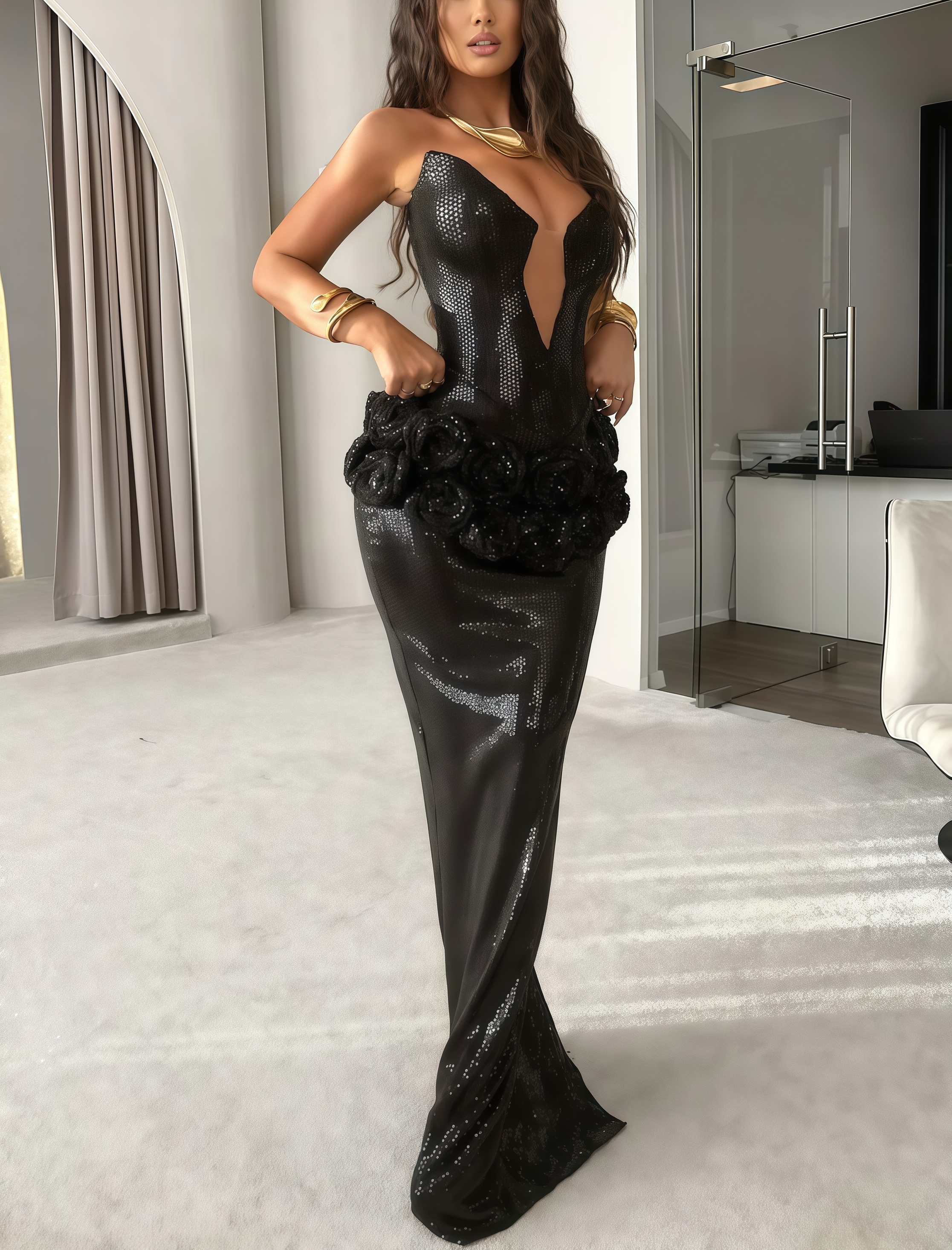 Taviel Black Sequin 3D Floral Maxi Dress