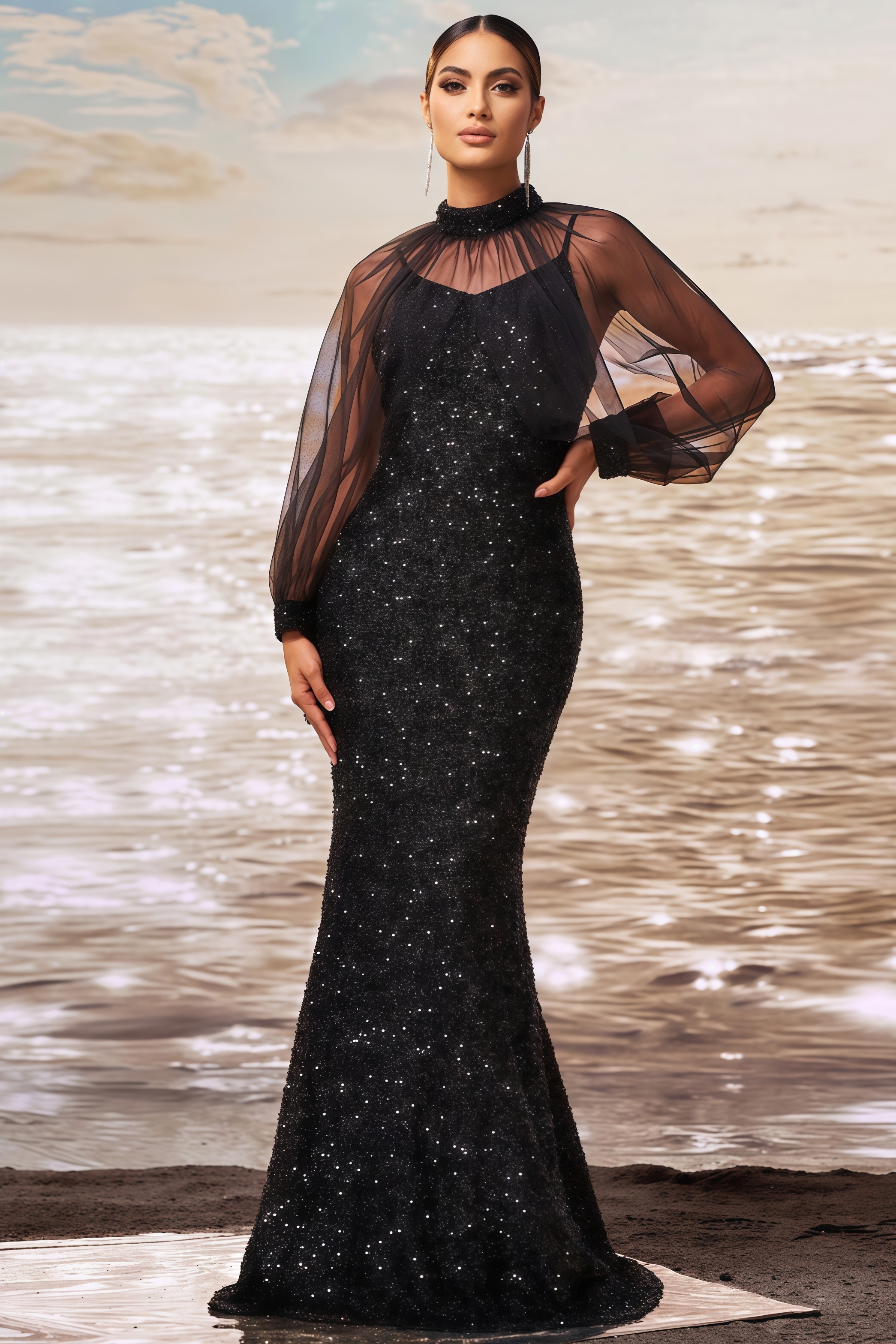 Jaxon Mesh Sequin Fishtail Maxi Dress