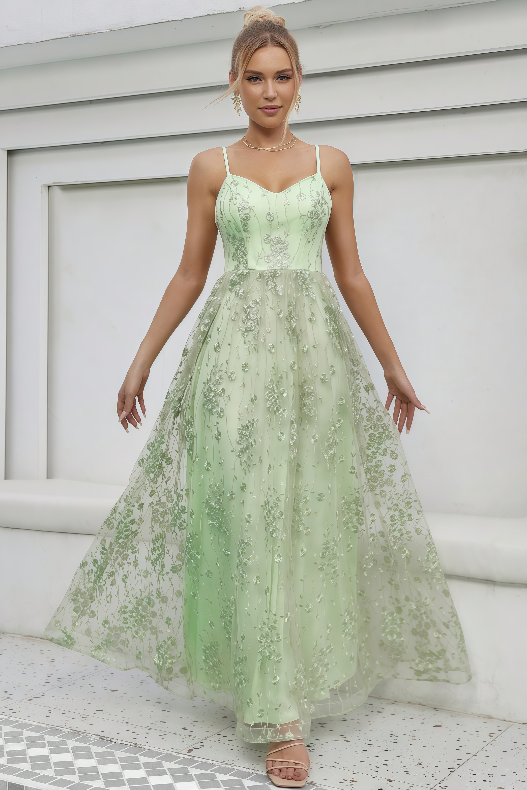 Starlet Green Mesh Embroidered Maxi Dress