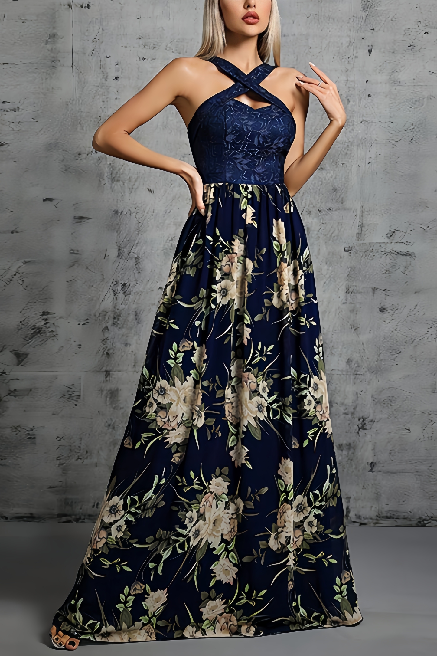 Bavi Floral Cross Neck Maxi Dress