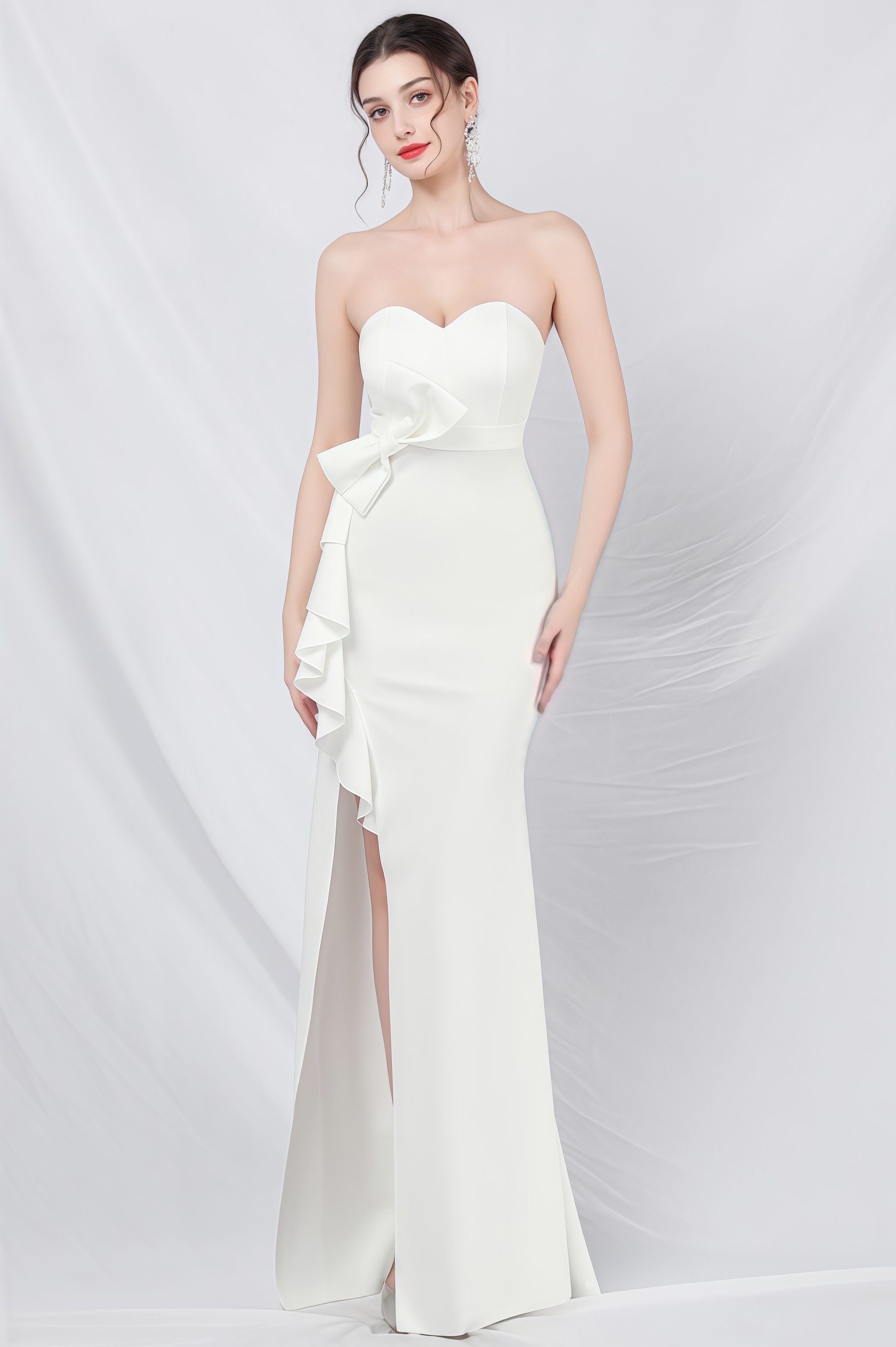 Enzo White Sheath Bow Split Maxi Dress