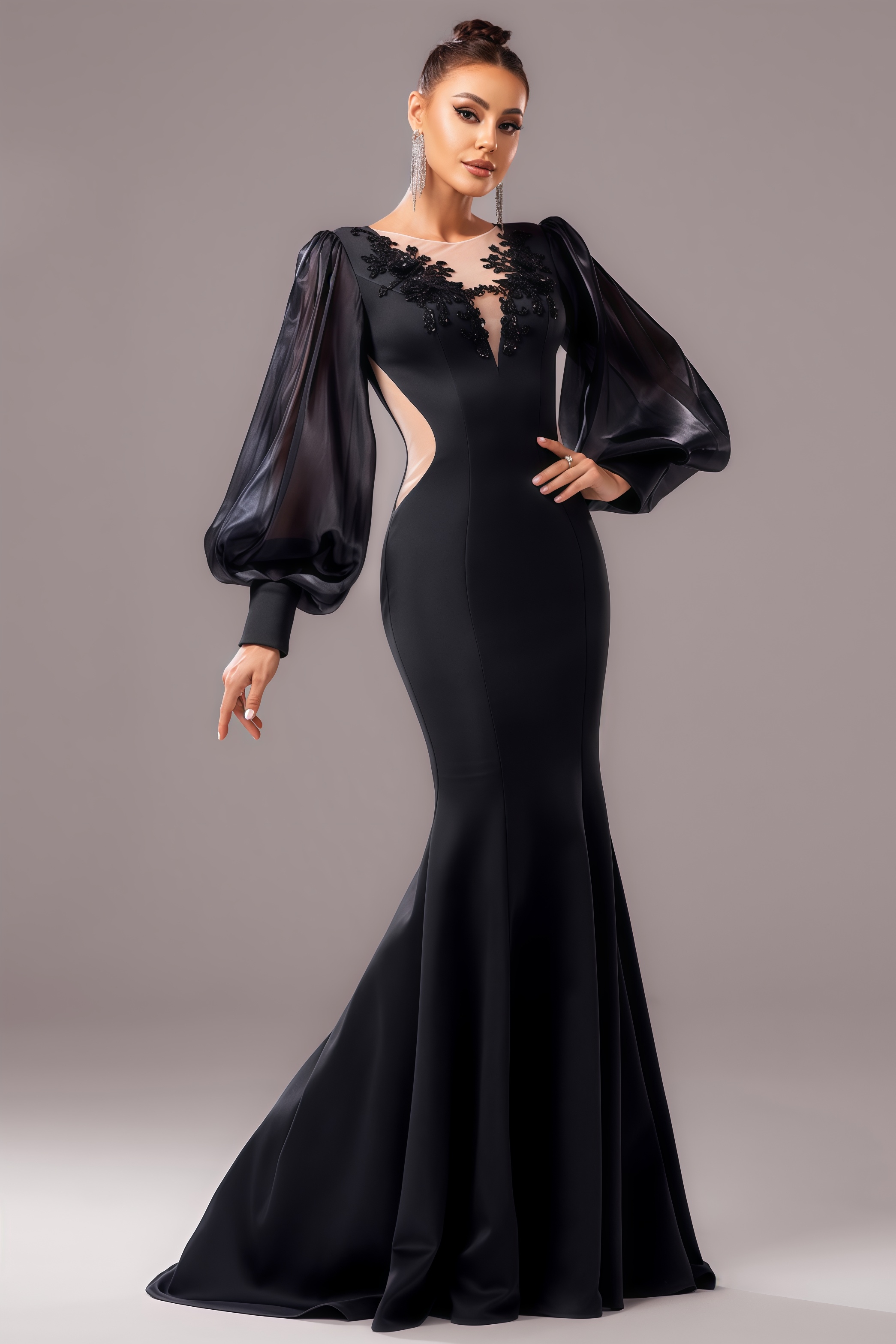 Lia Long Sleeve Applique Fishtail Maxi Dress