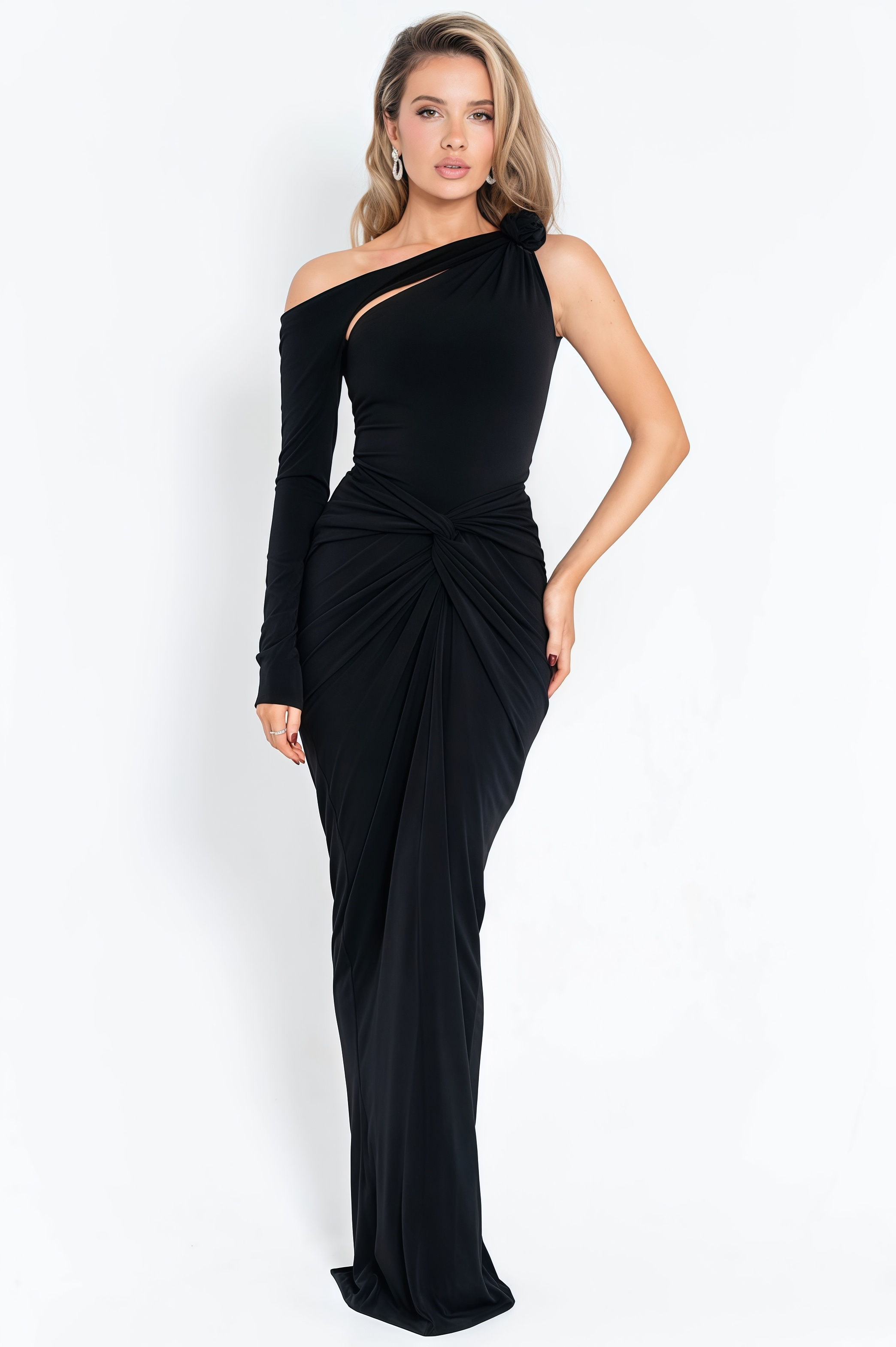 Avena Black Pleated 3D Floral Maxi Dress