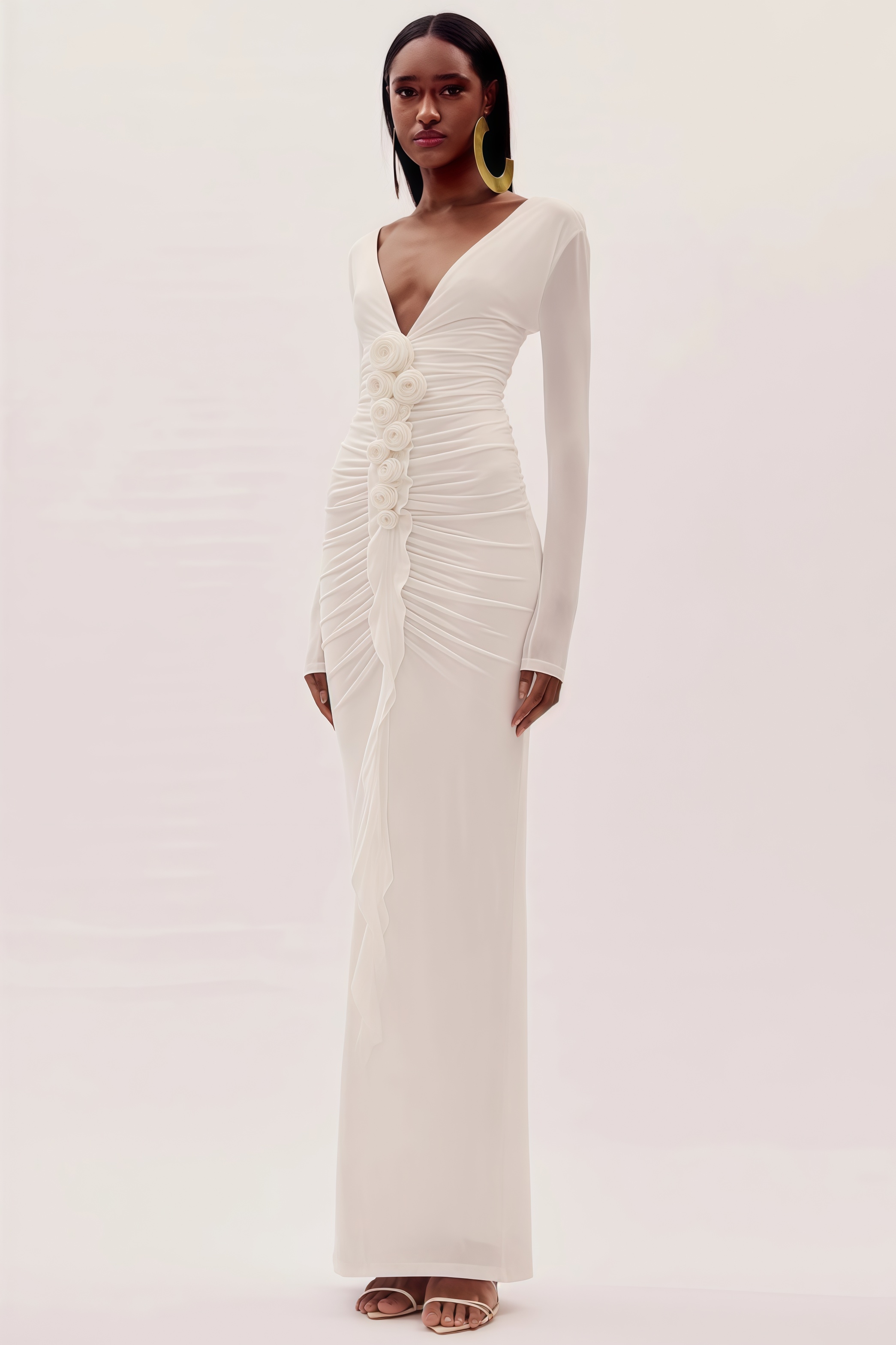 Vivialk V-neck 3D Flower Pleated Maxi Dress