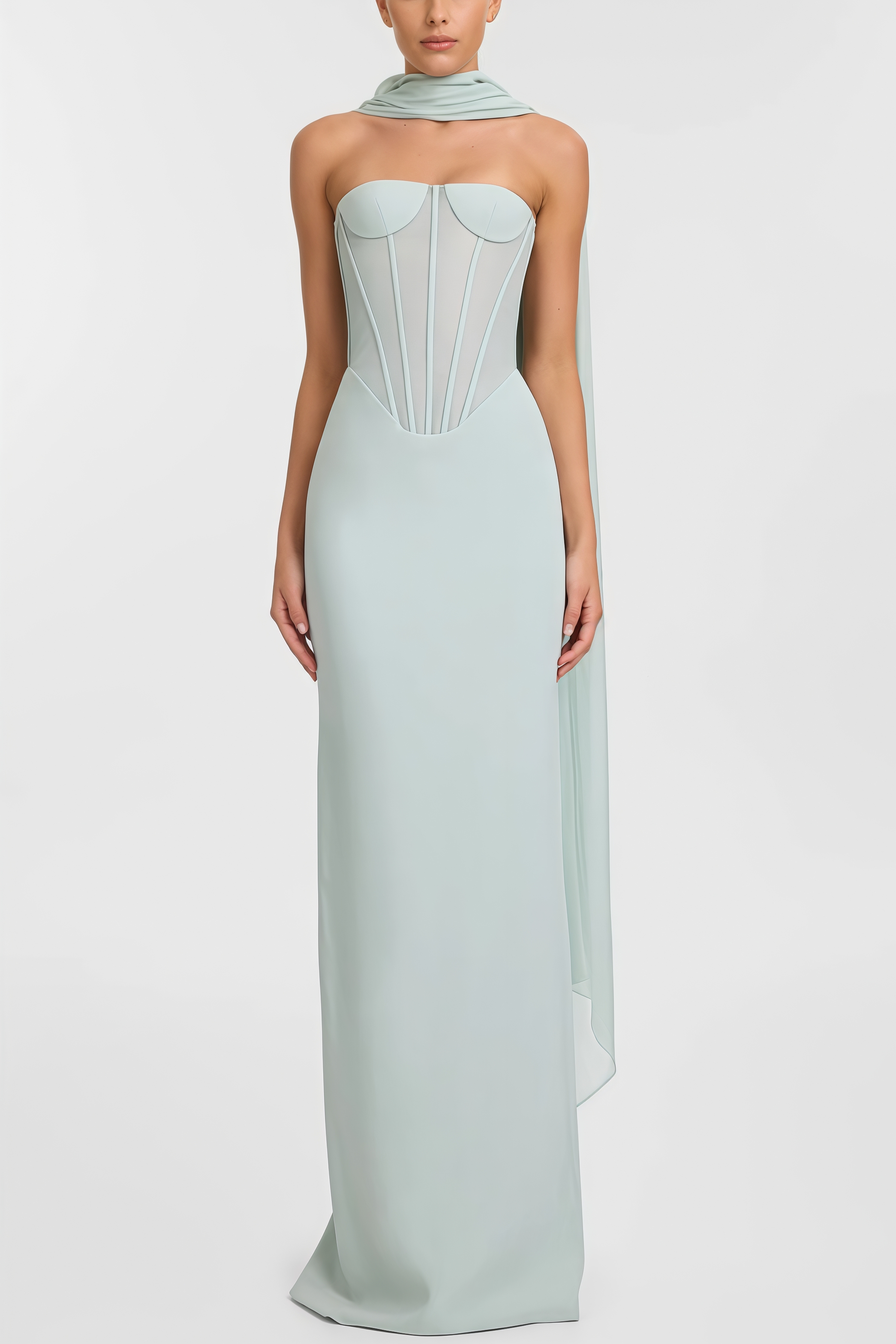 Gened Green Ribbon Sheer Chiffon Maxi Dress
