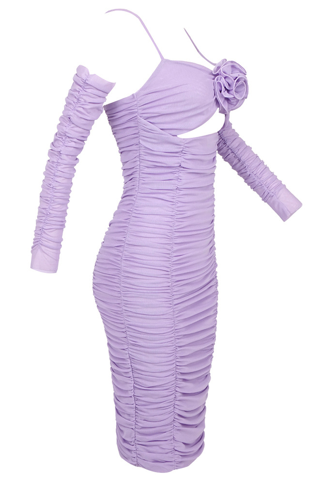 Bryony 3D Floral Lilac Lavender Gloves Pleated Midi Dress