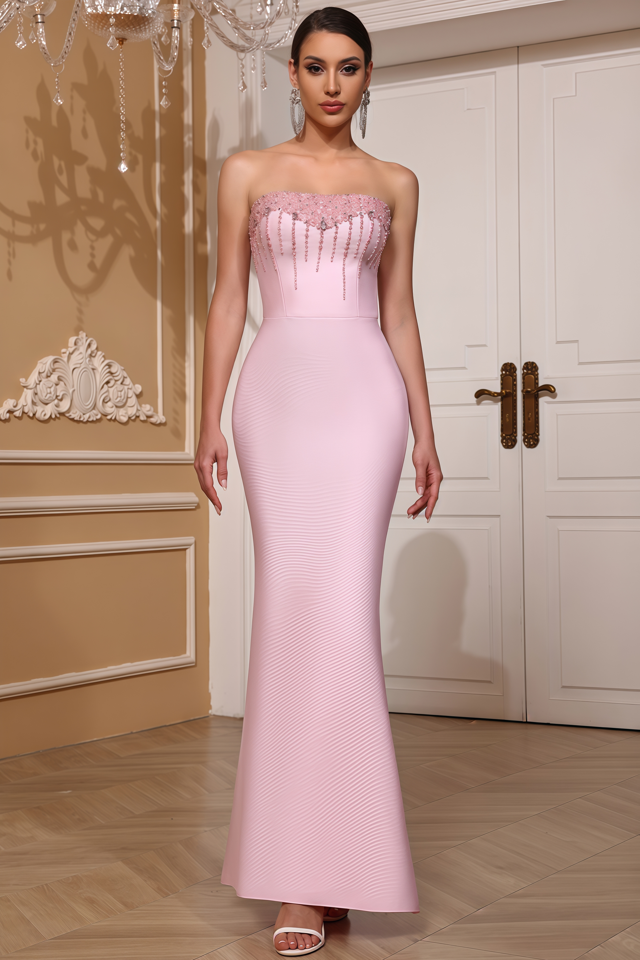 Mavik Pink Strapless Sparkling Maxi Dress