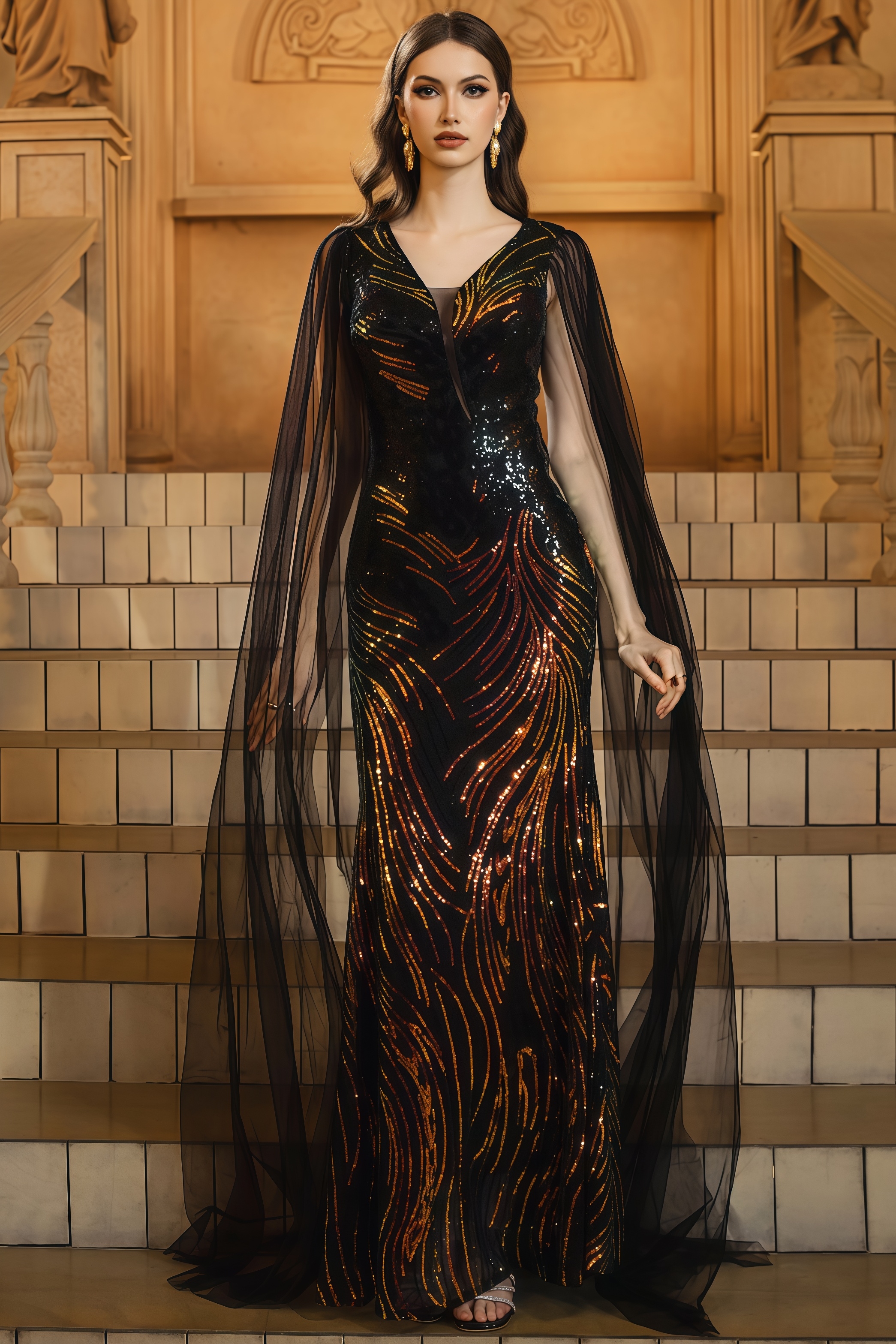 Jamed V-neck Sequin Mesh Maxi Dress