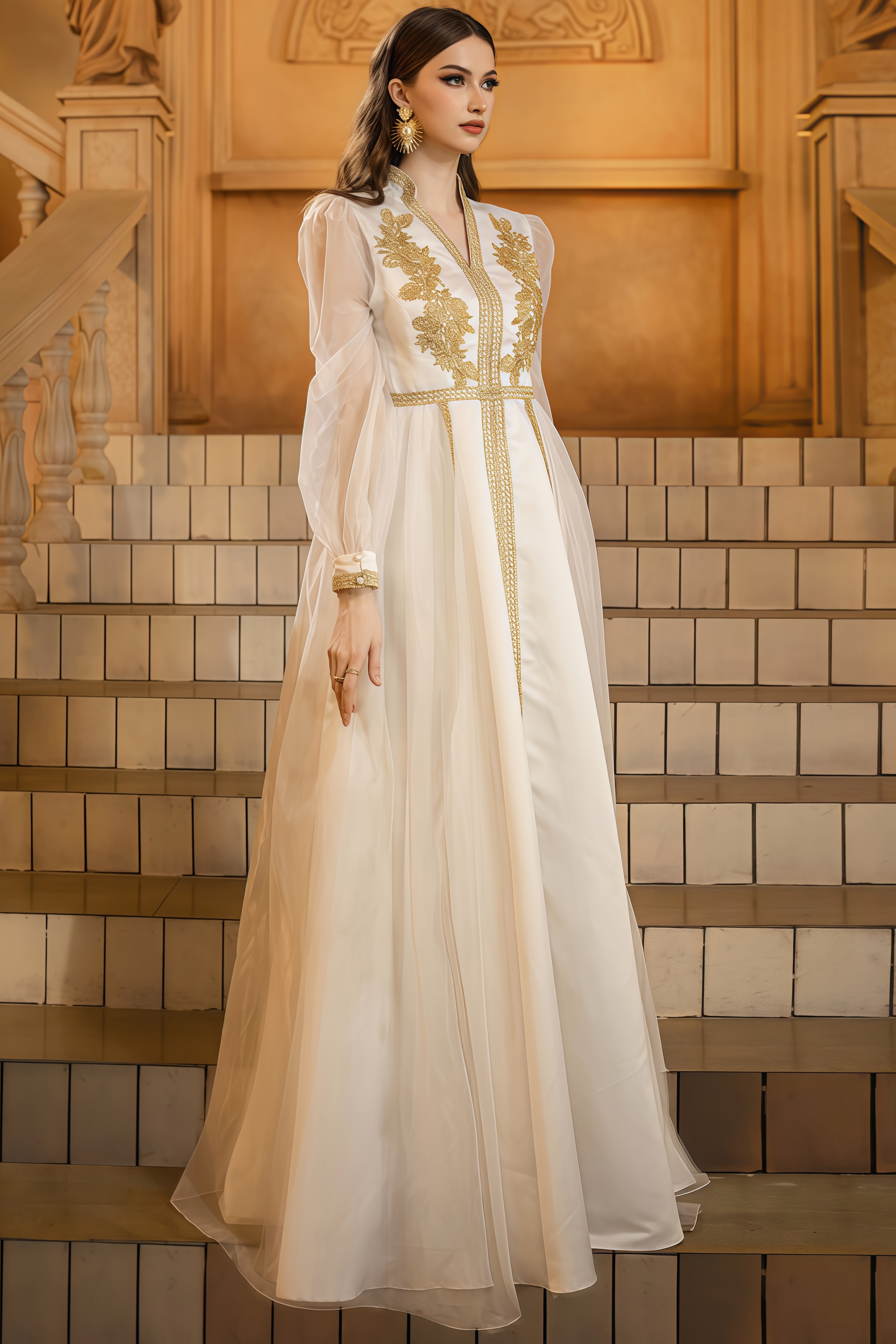 Isabef V-neck Embroidered Mesh Maxi Dress