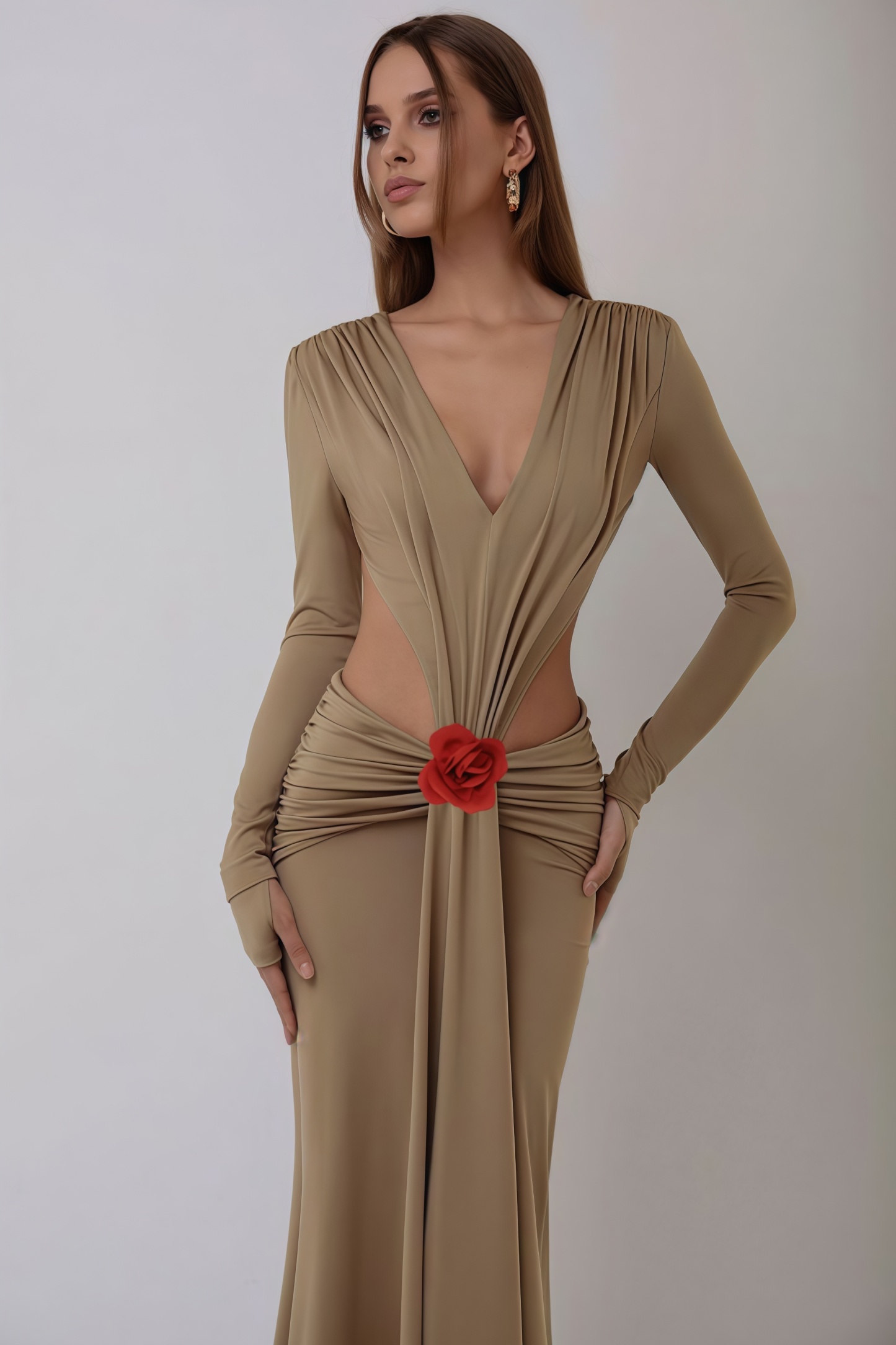 Nad Khaki Backless Floral Fishtail Maxi Dress