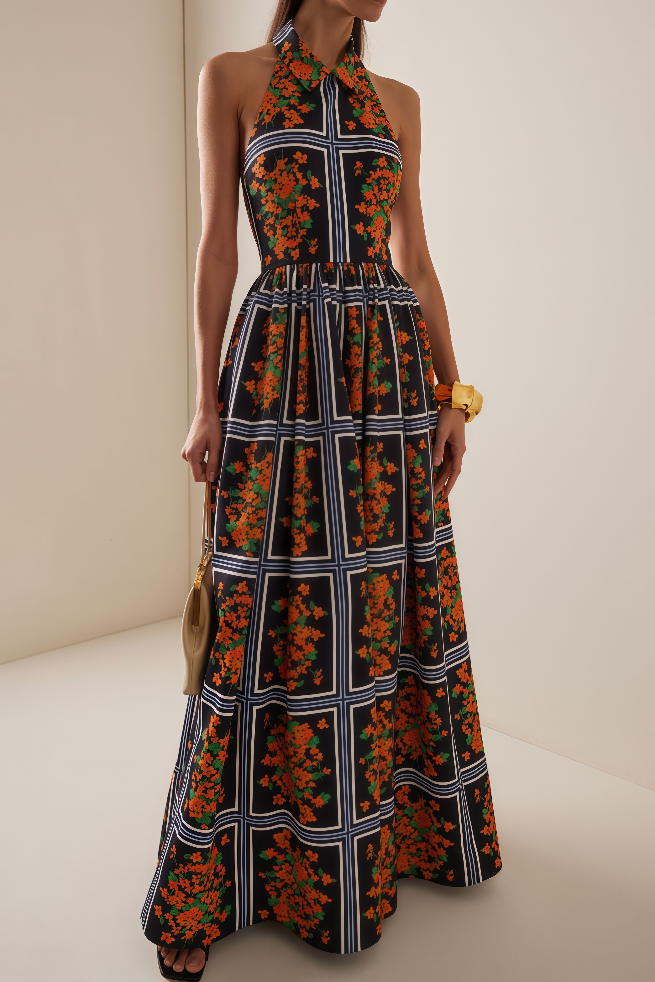 Autufd Backless Collar Print Maxi Dress