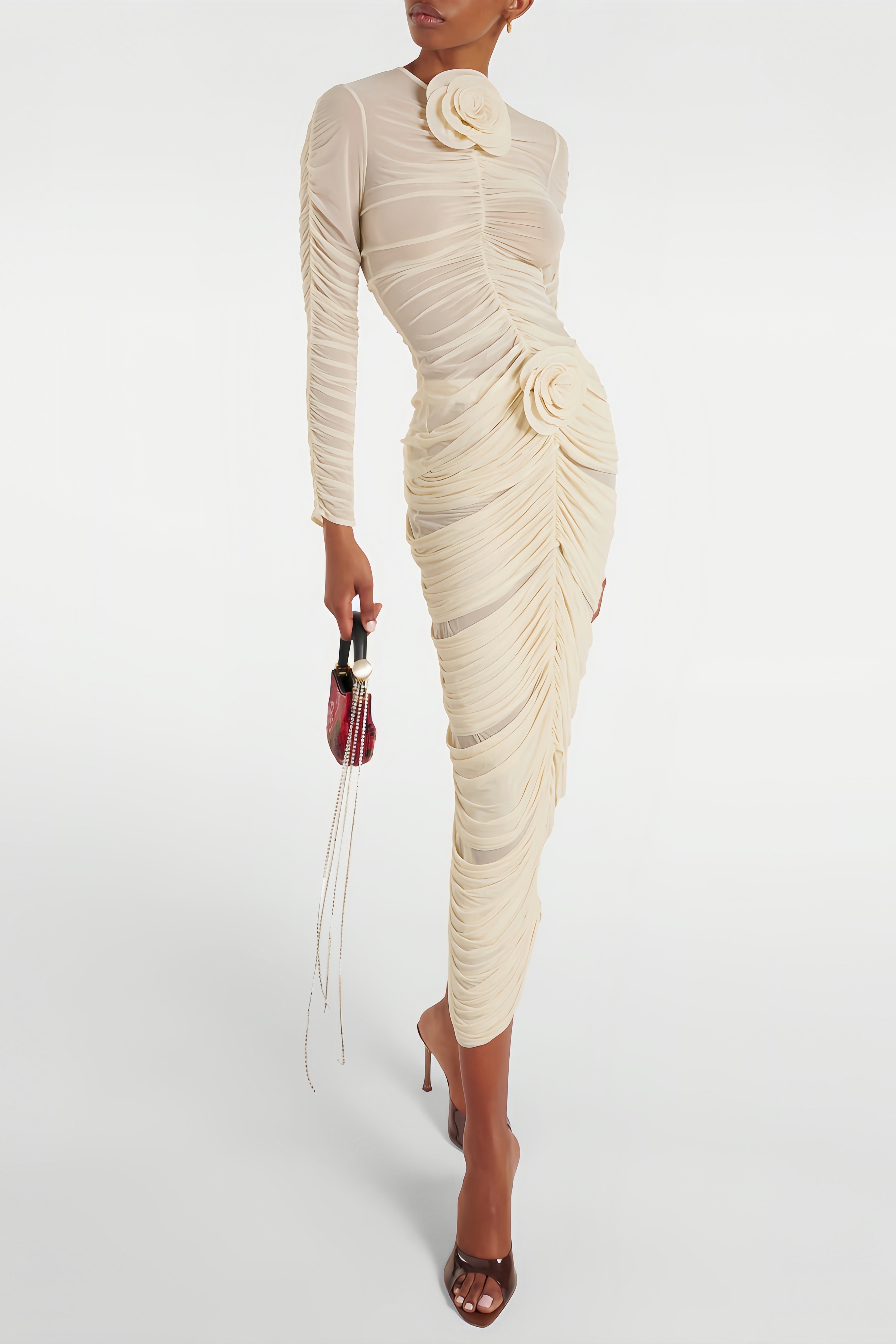 Evara Light Apricot 3D Floral Maxi Dress Set