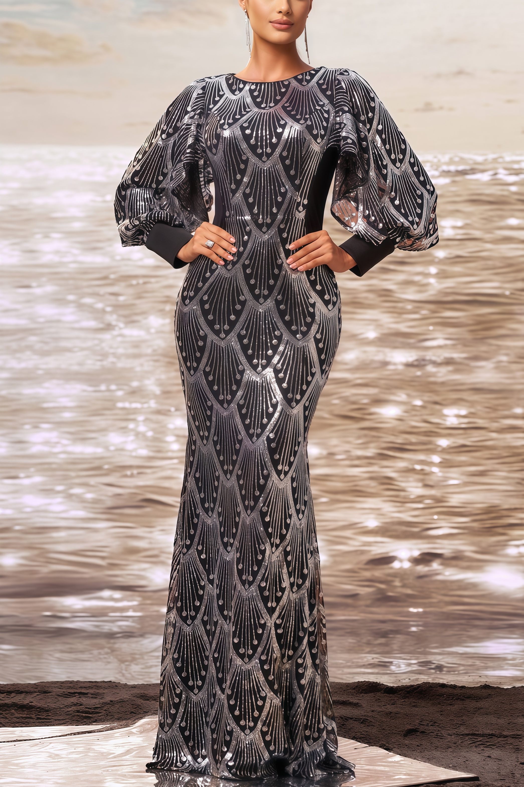 Enda Long Sleeve Round Neck Maxi Dress