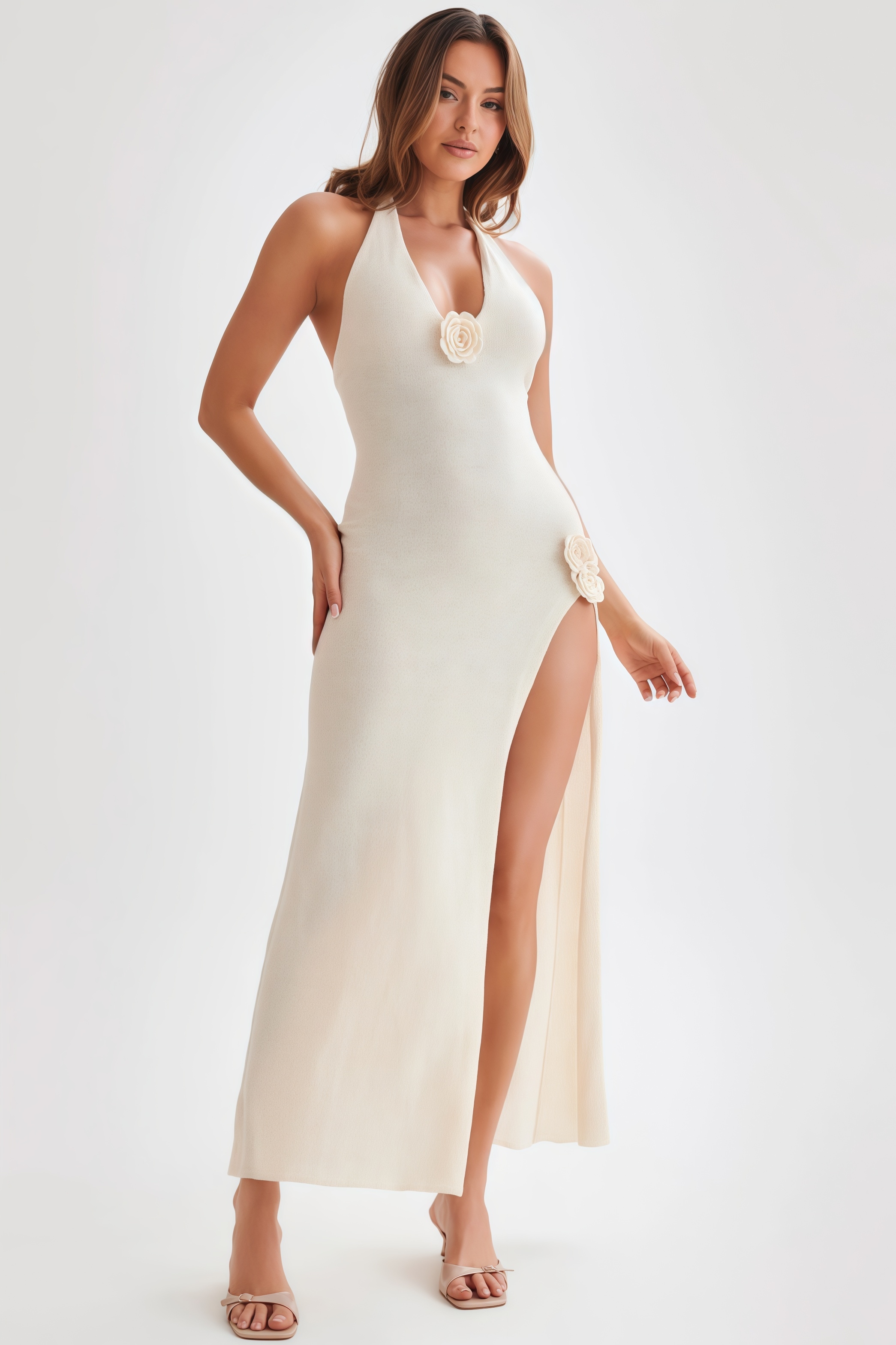 Odele Halter Floral Applique Knit Maxi Dress