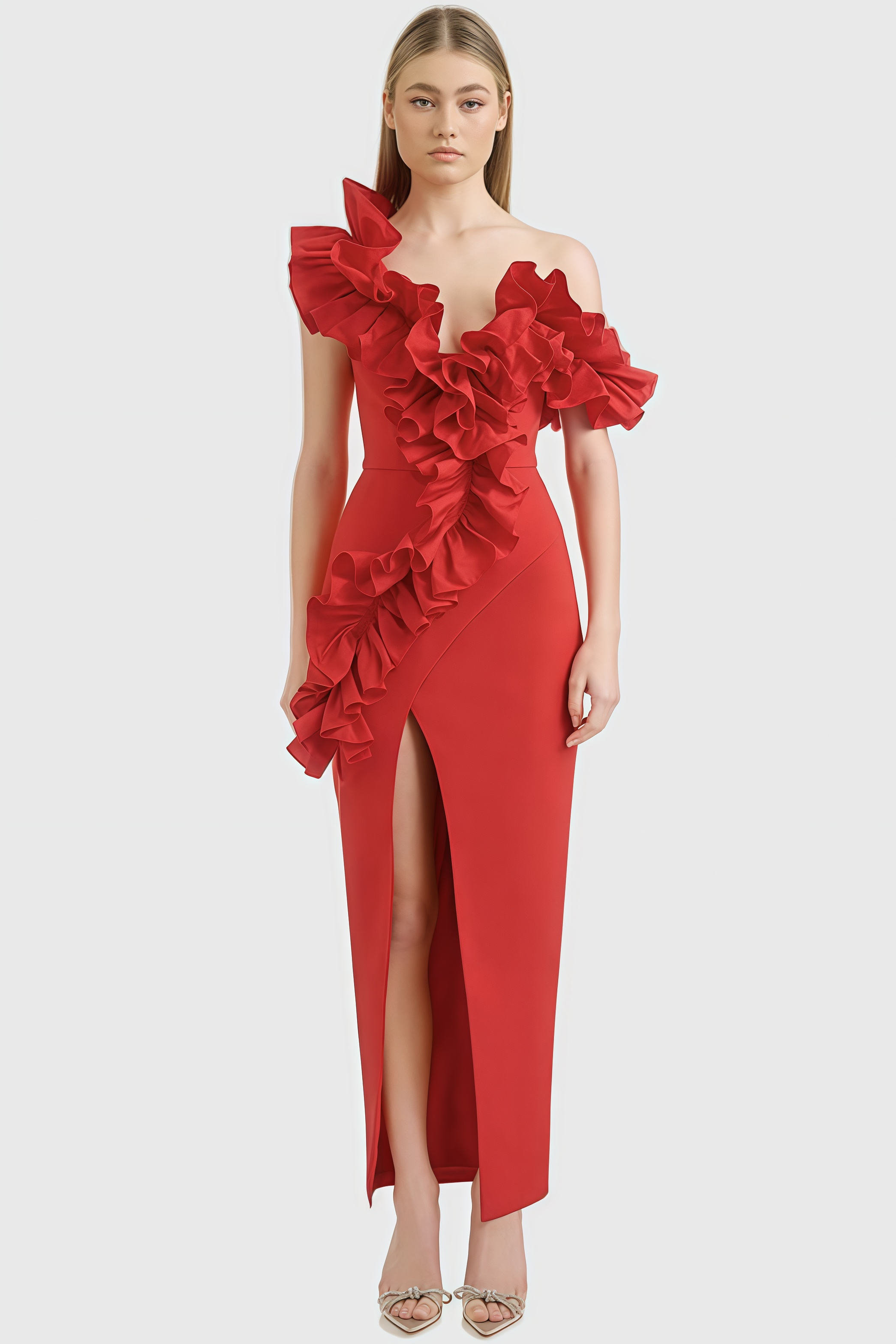 Natal Red Ruffled Slit Maxi Dress