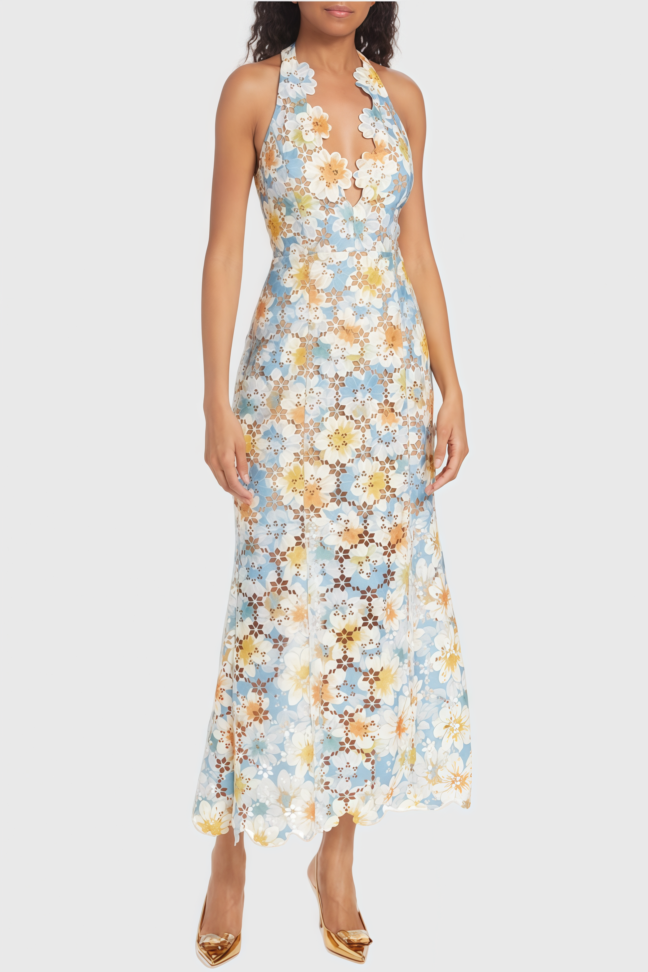 Tylot Nesting Floral Lace Halter Maxi Dress