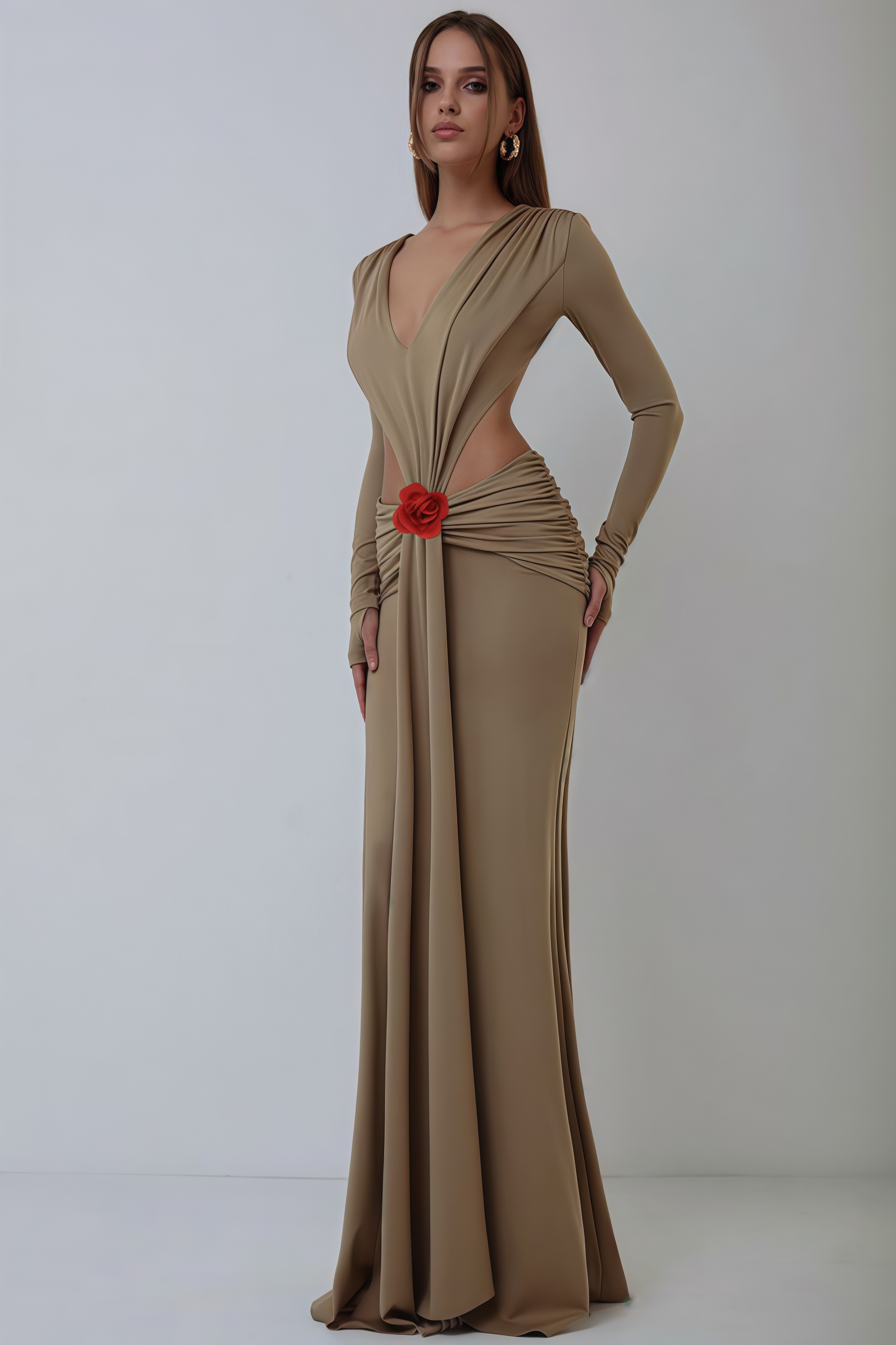 Nad Khaki Backless Floral Fishtail Maxi Dress