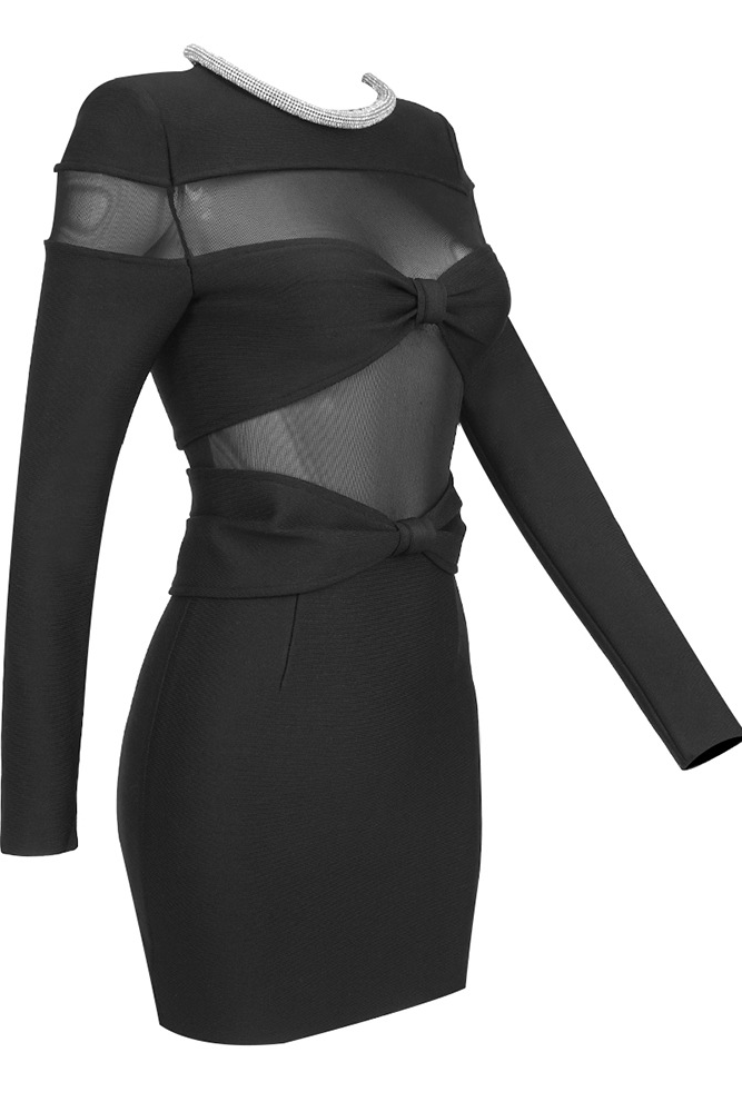 Faye Mesh Diamond Strip Bandage Mini Dress