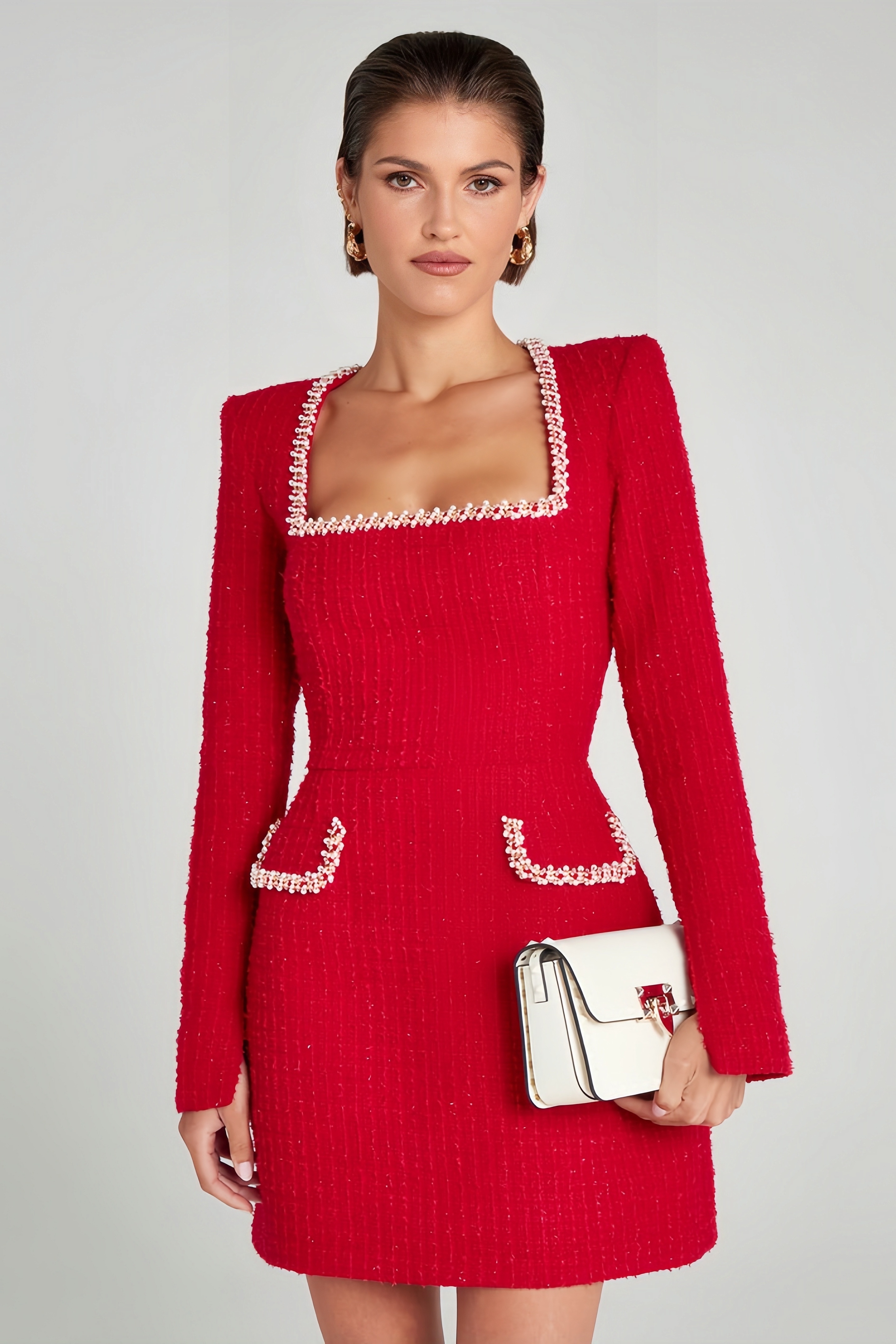 Yolia U Neck Long Sleeve Mini Dress-Red