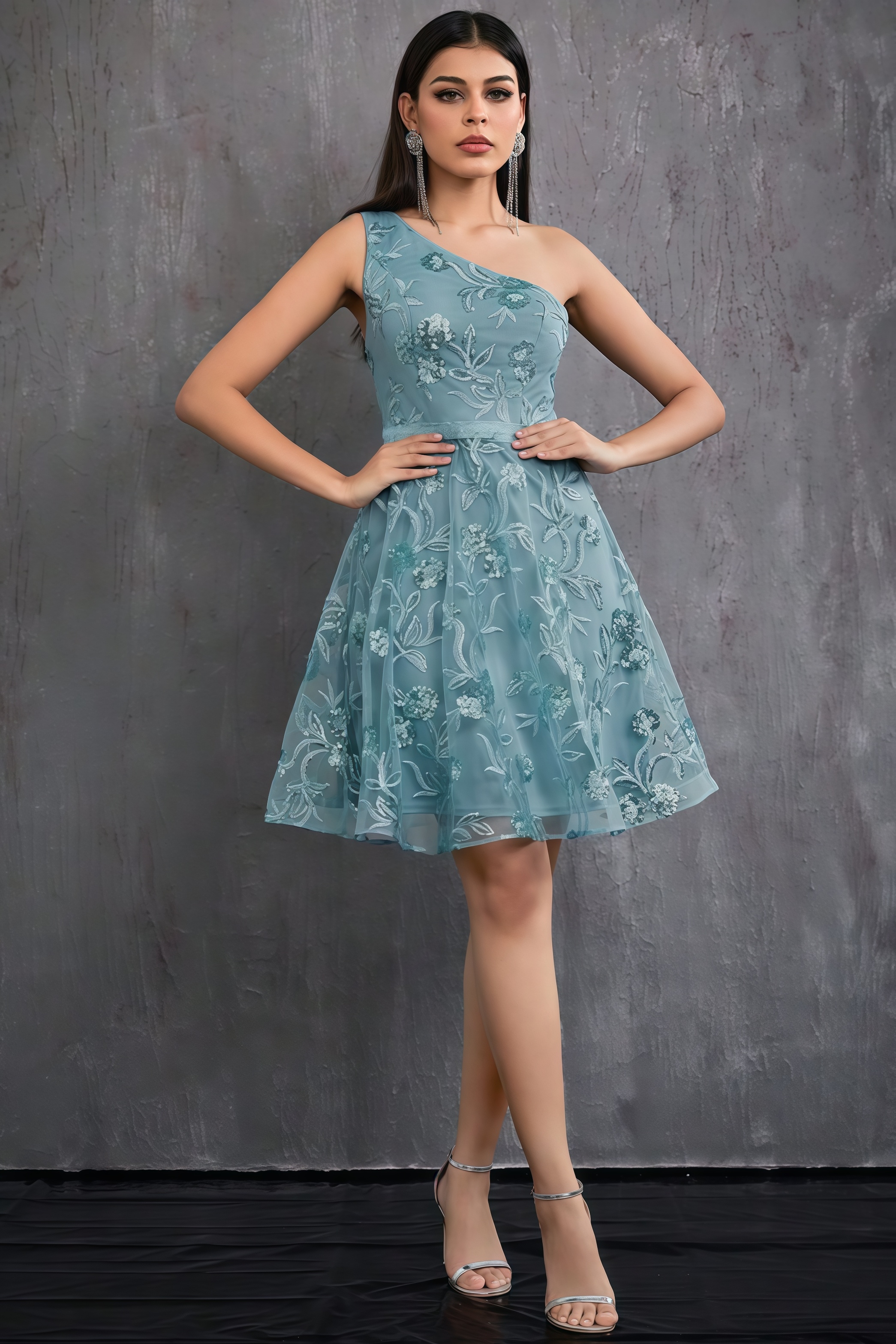 Flinl Green One-Shoulder Mesh Mini Dress