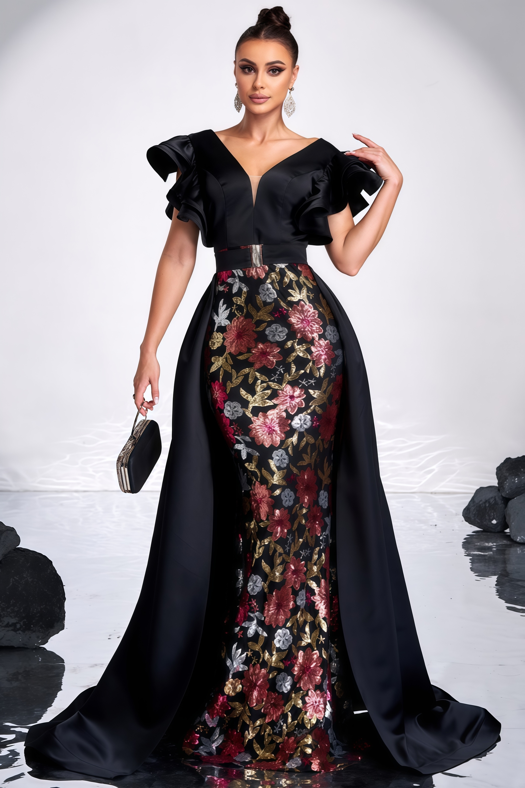 Ariasd Black Sequin Flower Maxi Dress