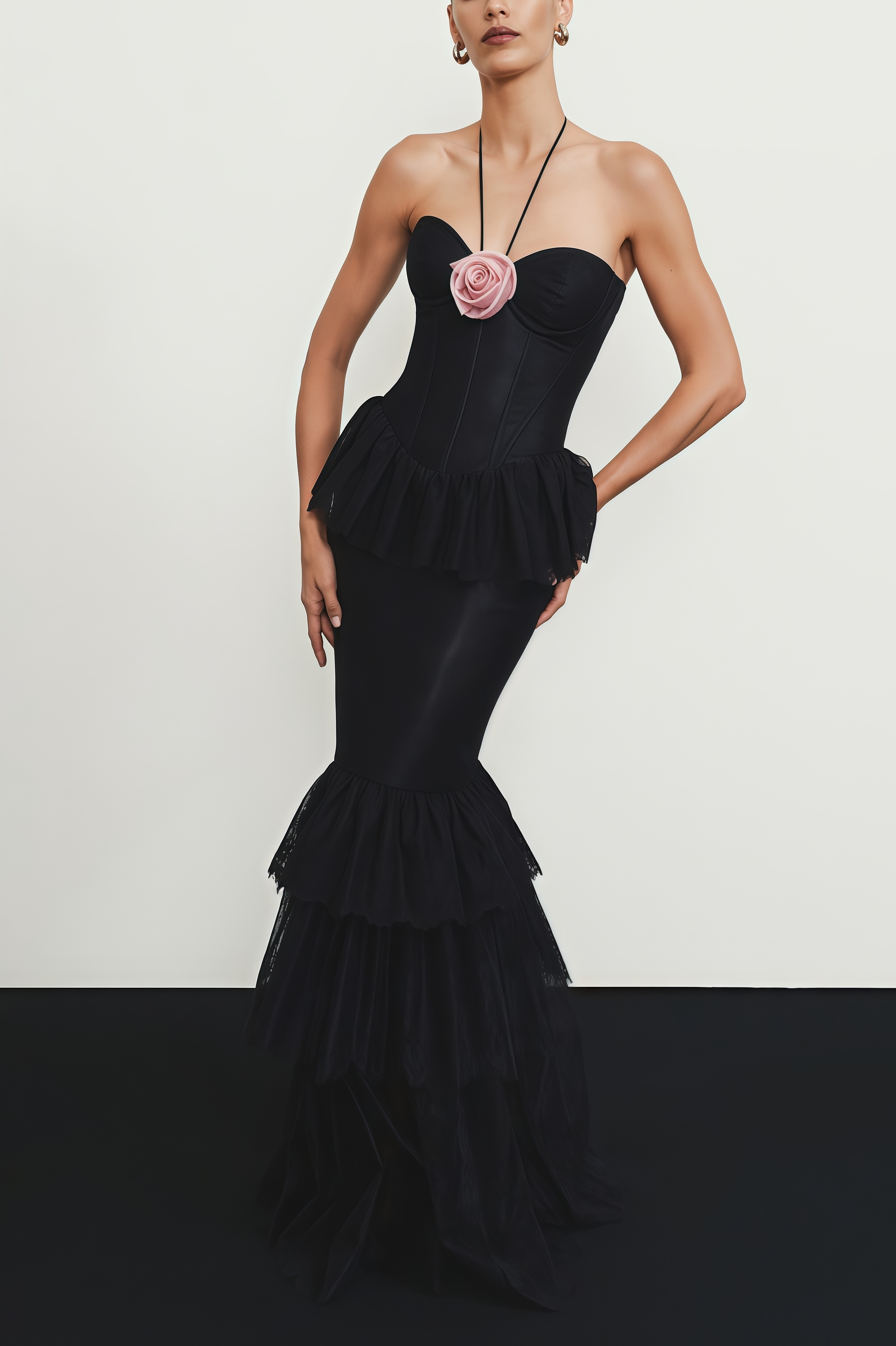 Bastien Black Lace Floral Maxi Dress