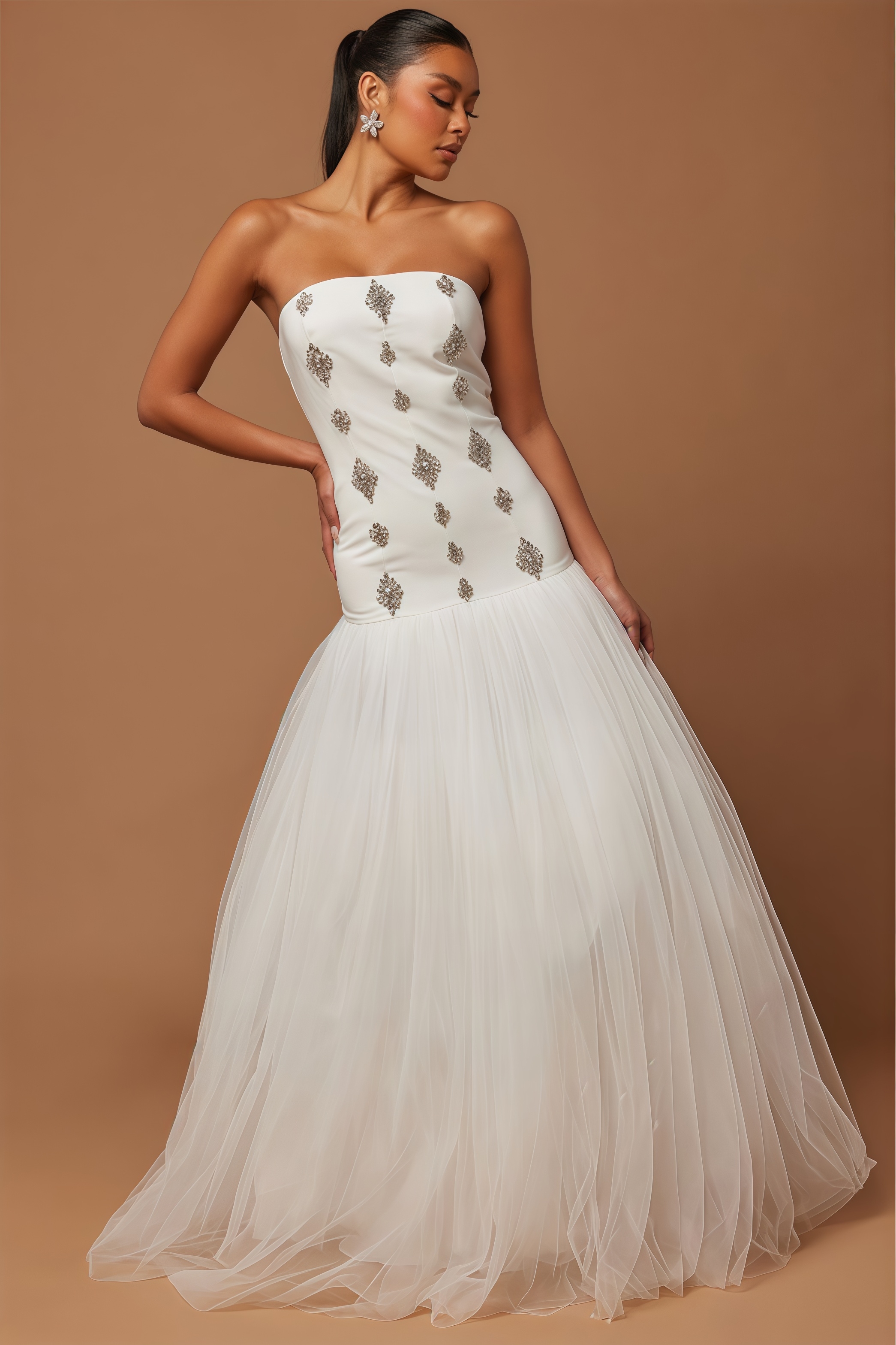Xulia Diamante Mesh Puff Maxi Dress
