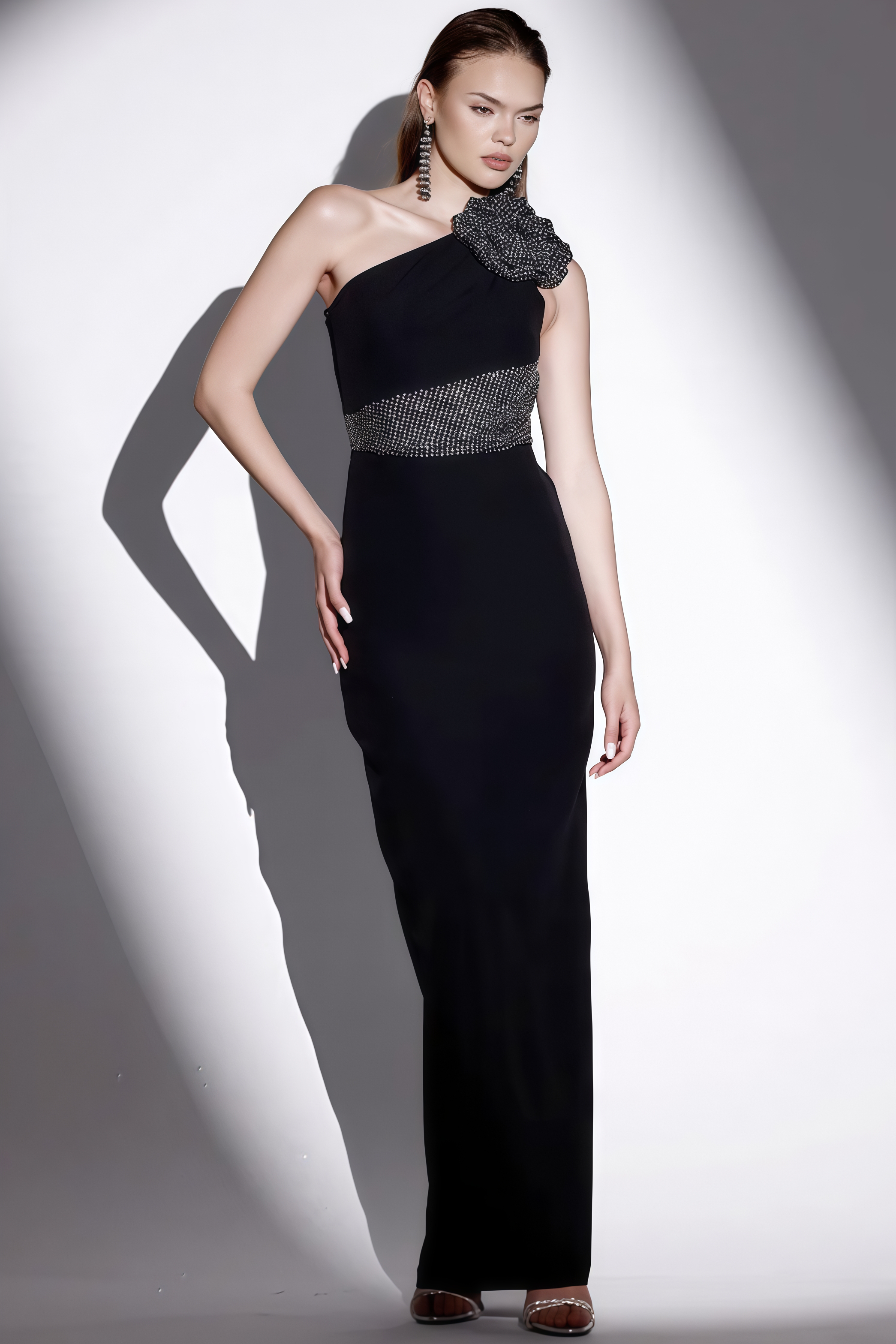 Xoelk Backless Rhinestone 3D Flower Maxi Dress