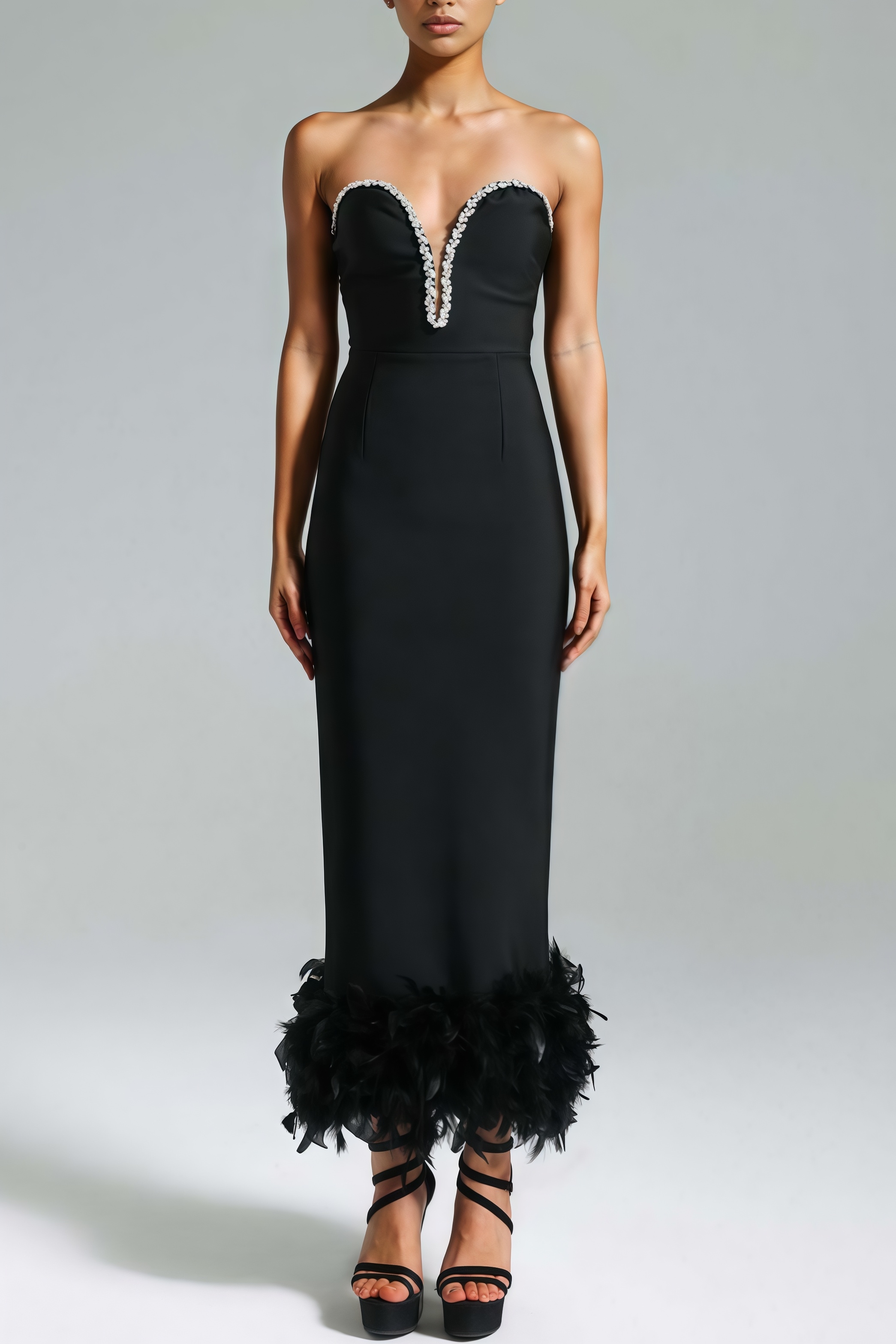 Sinclair Rhinestone Feather Maxi Dress