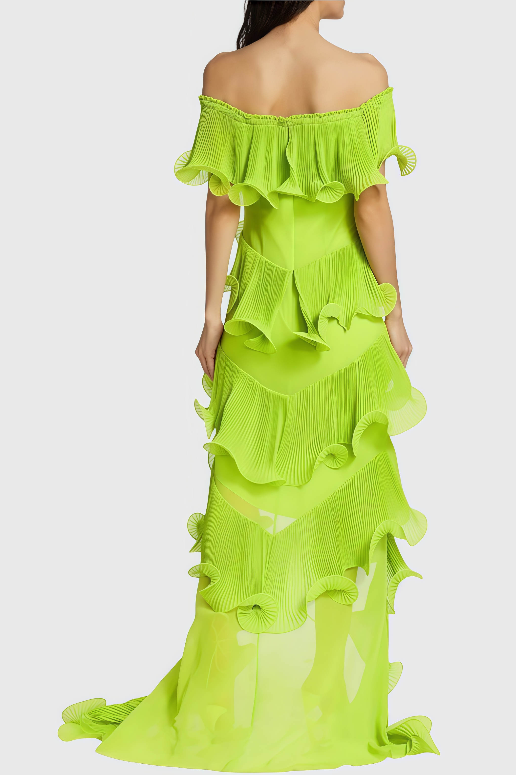 Yoren Green Pleated Ruffle Maxi Dress
