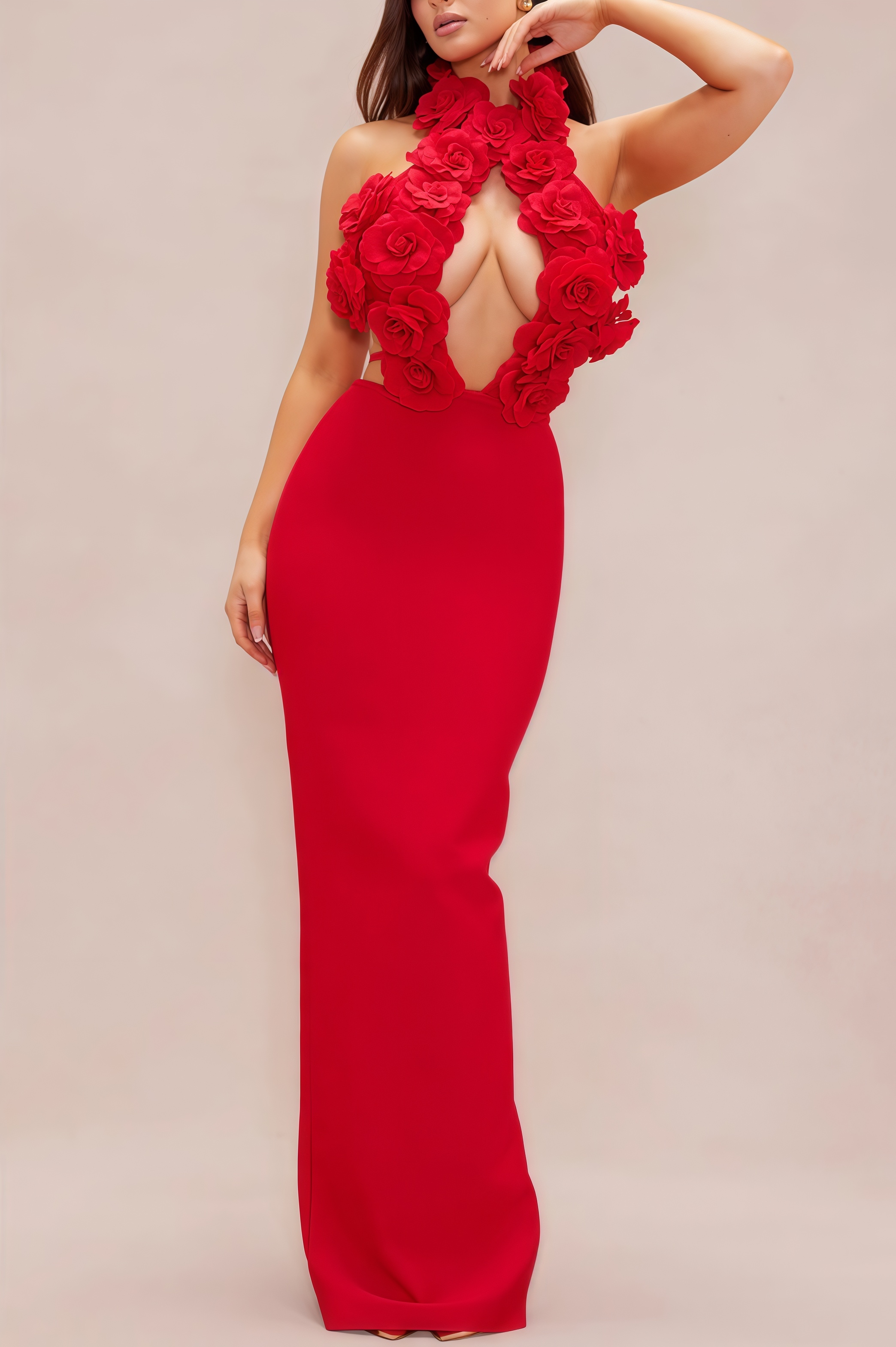 Laurent Backless Red Floral Maxi Dress
