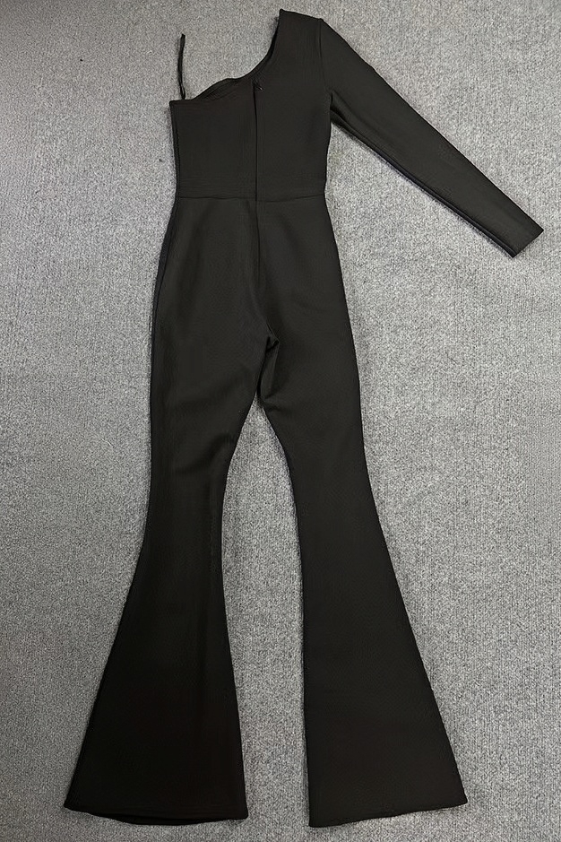 Trina One-Shoulder Mesh Flared Jumpsuit