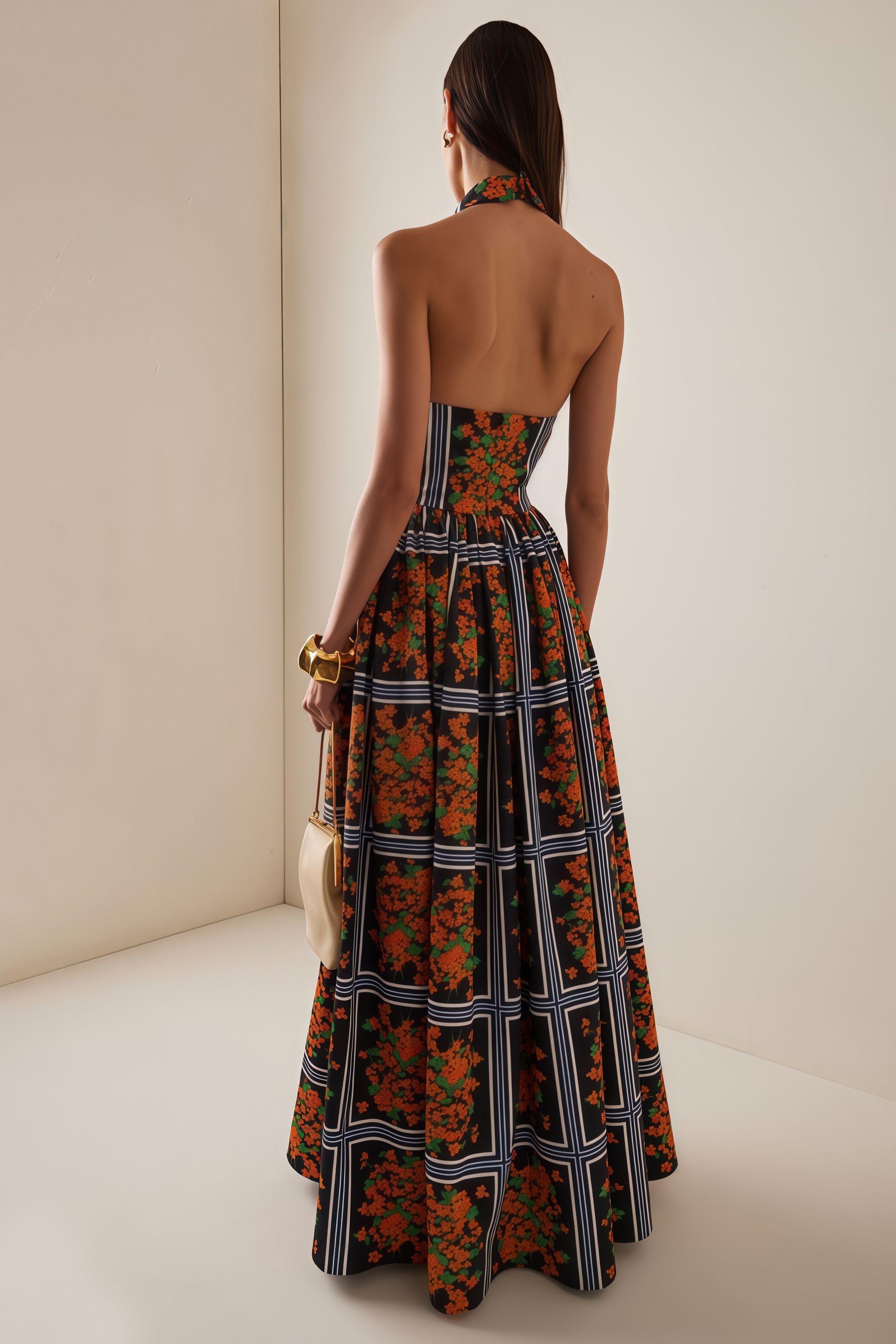 Autufd Backless Collar Print Maxi Dress