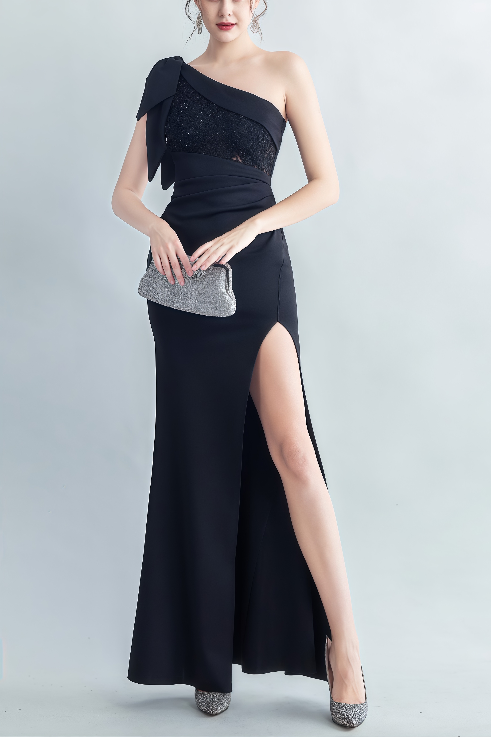 Vazada Black One-Shoulder Embroidered Maxi Dress