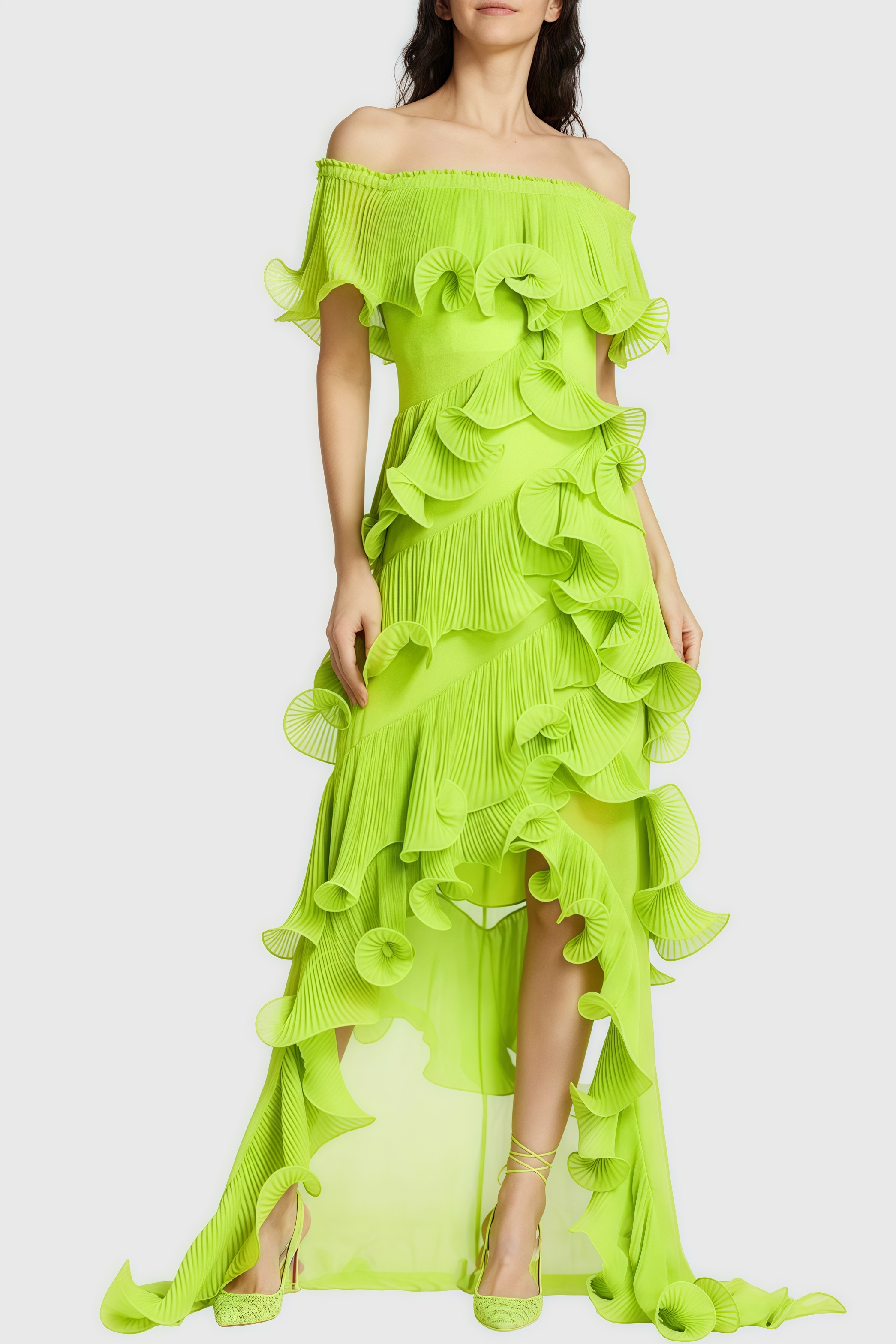 Yoren Green Pleated Ruffle Maxi Dress