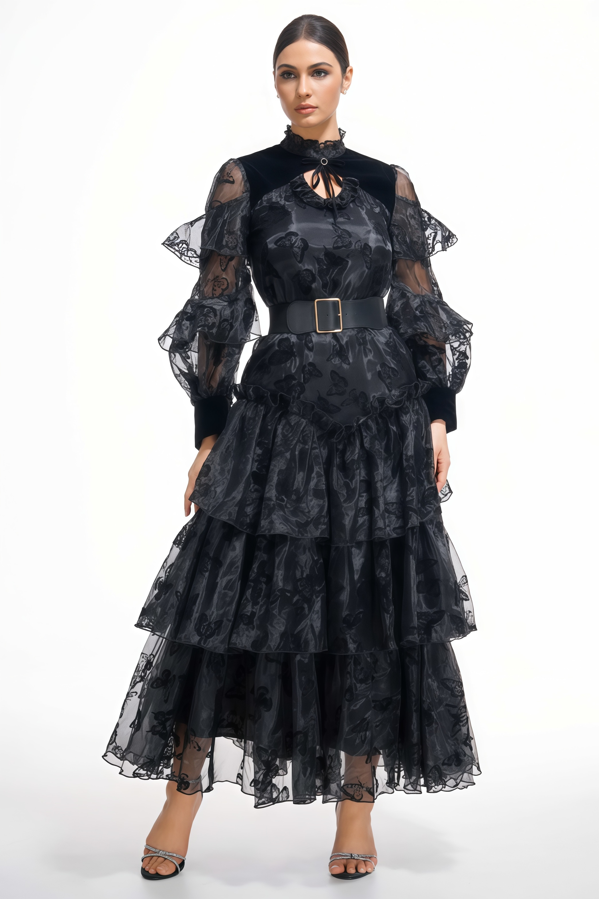 Crana Black Belted Mesh Maxi Dress