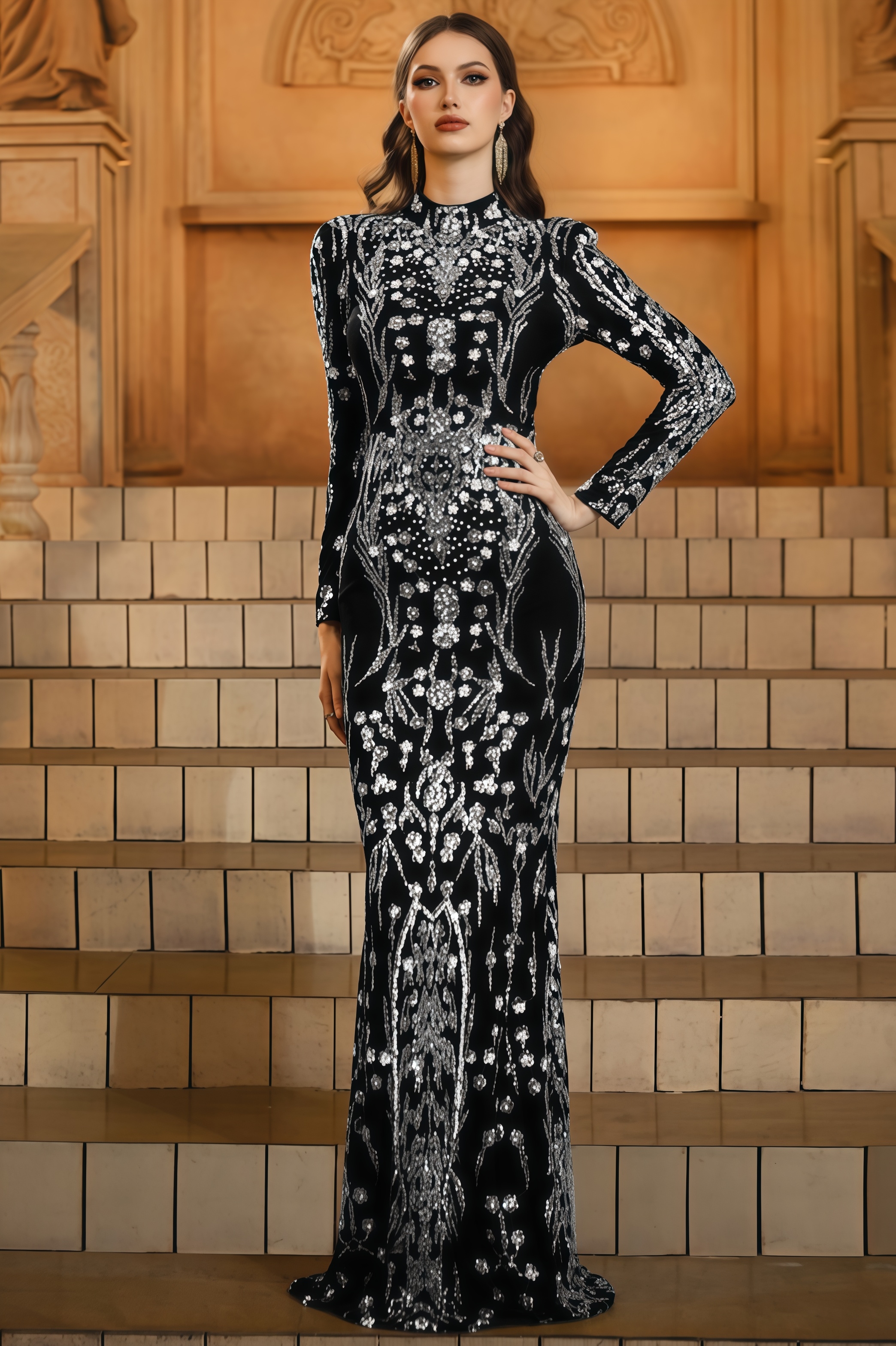 Kaldea Round Neck Hip Wrap Sequin Maxi Dress