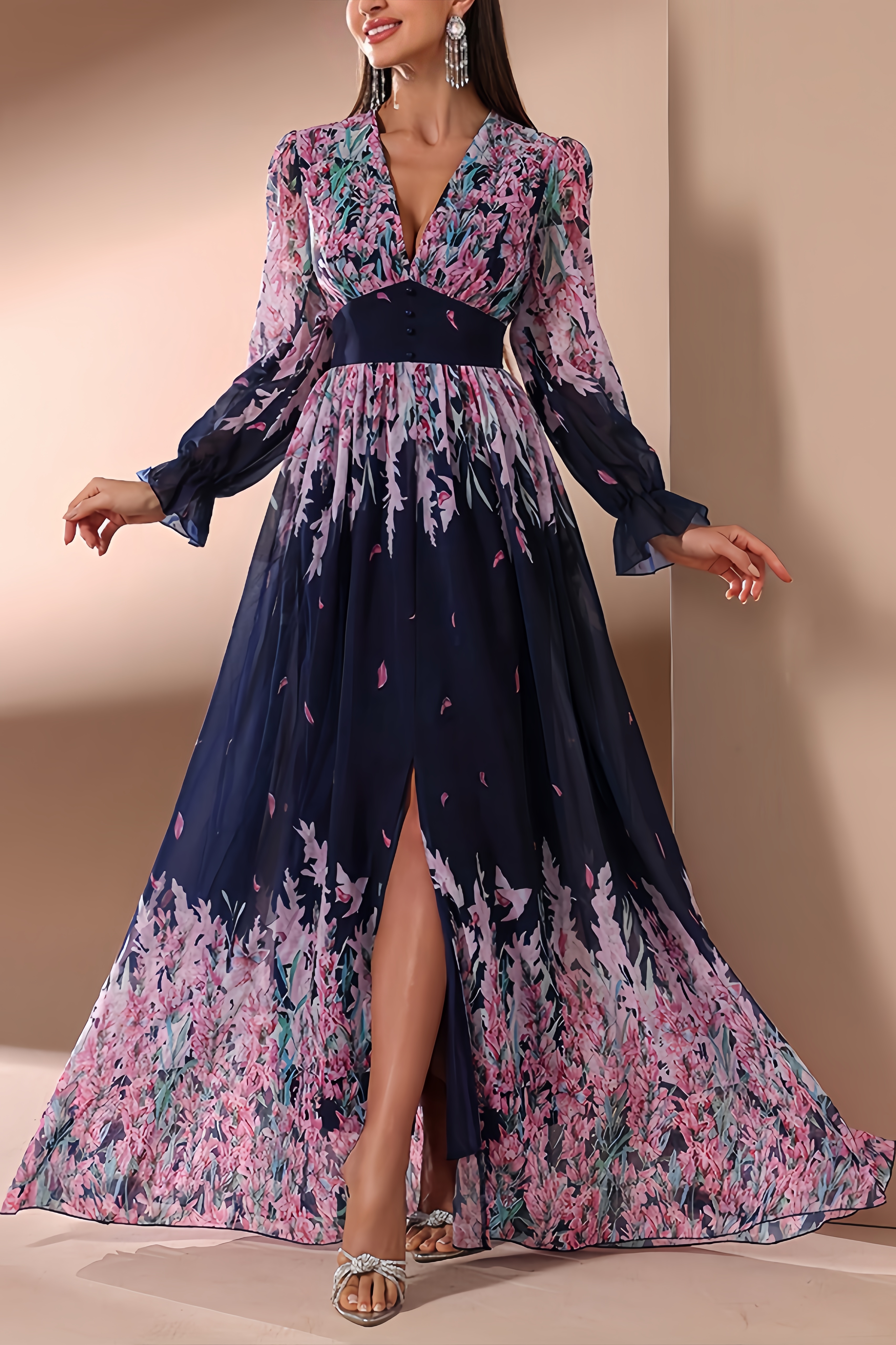 Milada V-Neck Chiffon Maxi Dress
