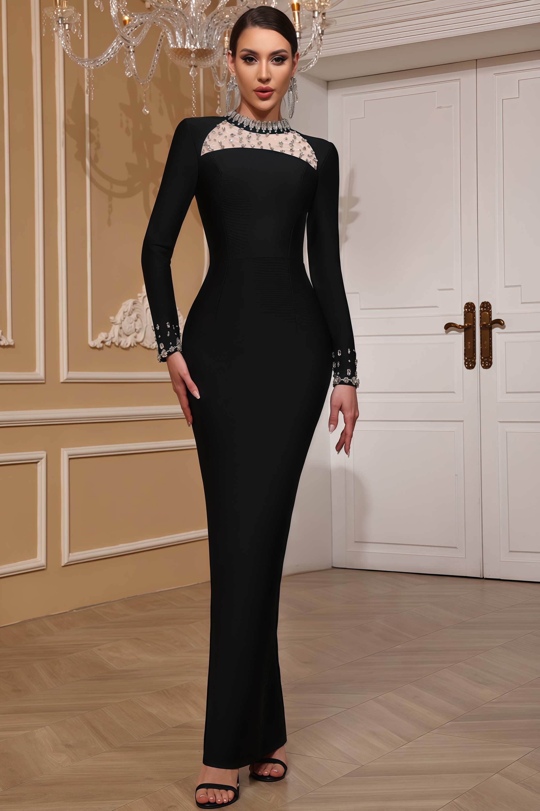 Skylas Black Beaded Mesh Maxi Dress