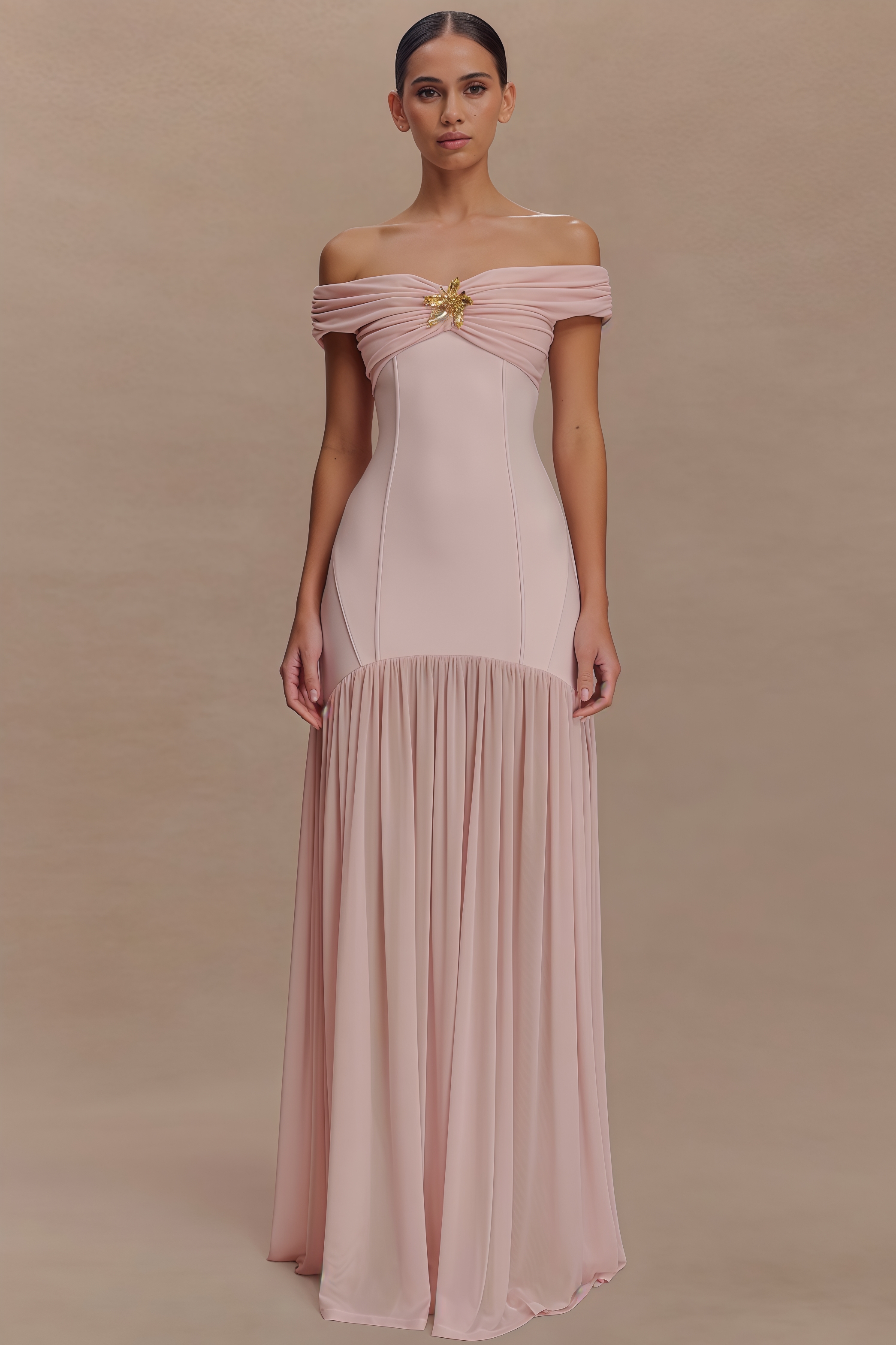 Cionlt Pink Mesh Backless Pleated Maxi Dress