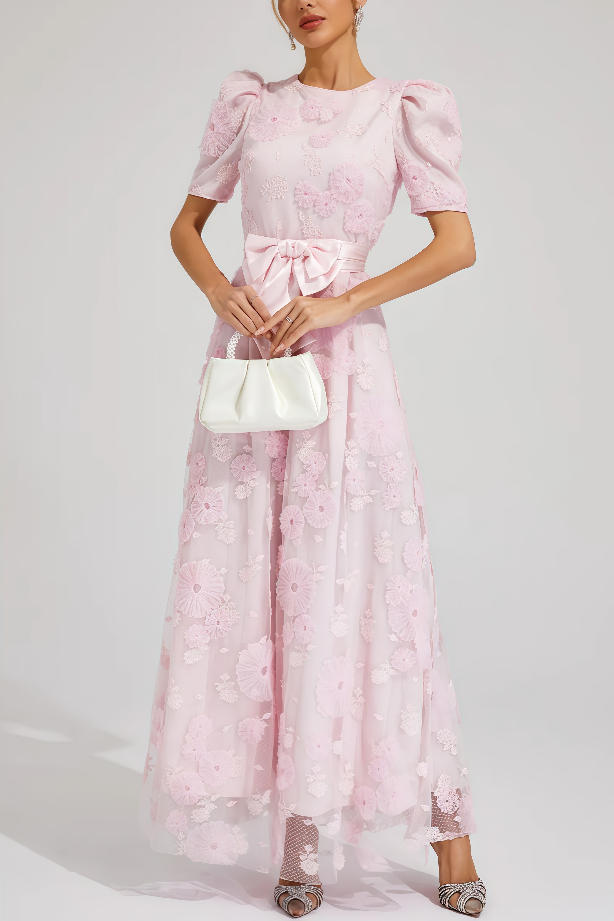 Yelen Pink Bow 3D Flower Maxi Dress