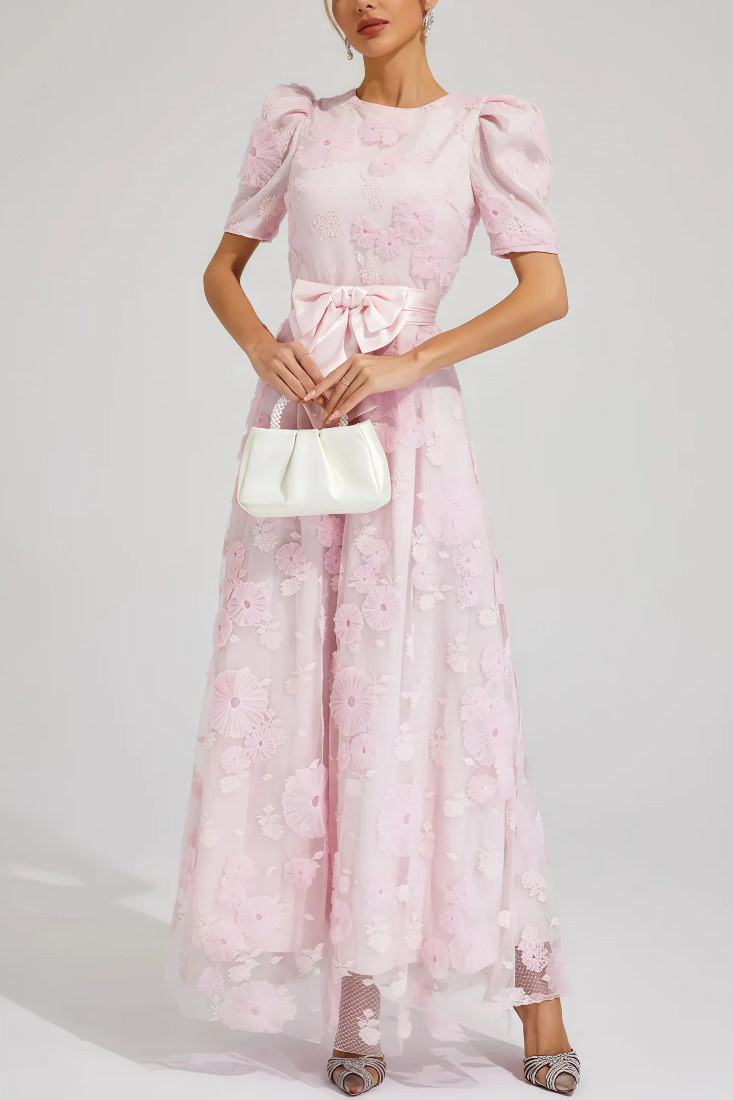 Yelen Pink Bow 3D Flower Maxi Dress