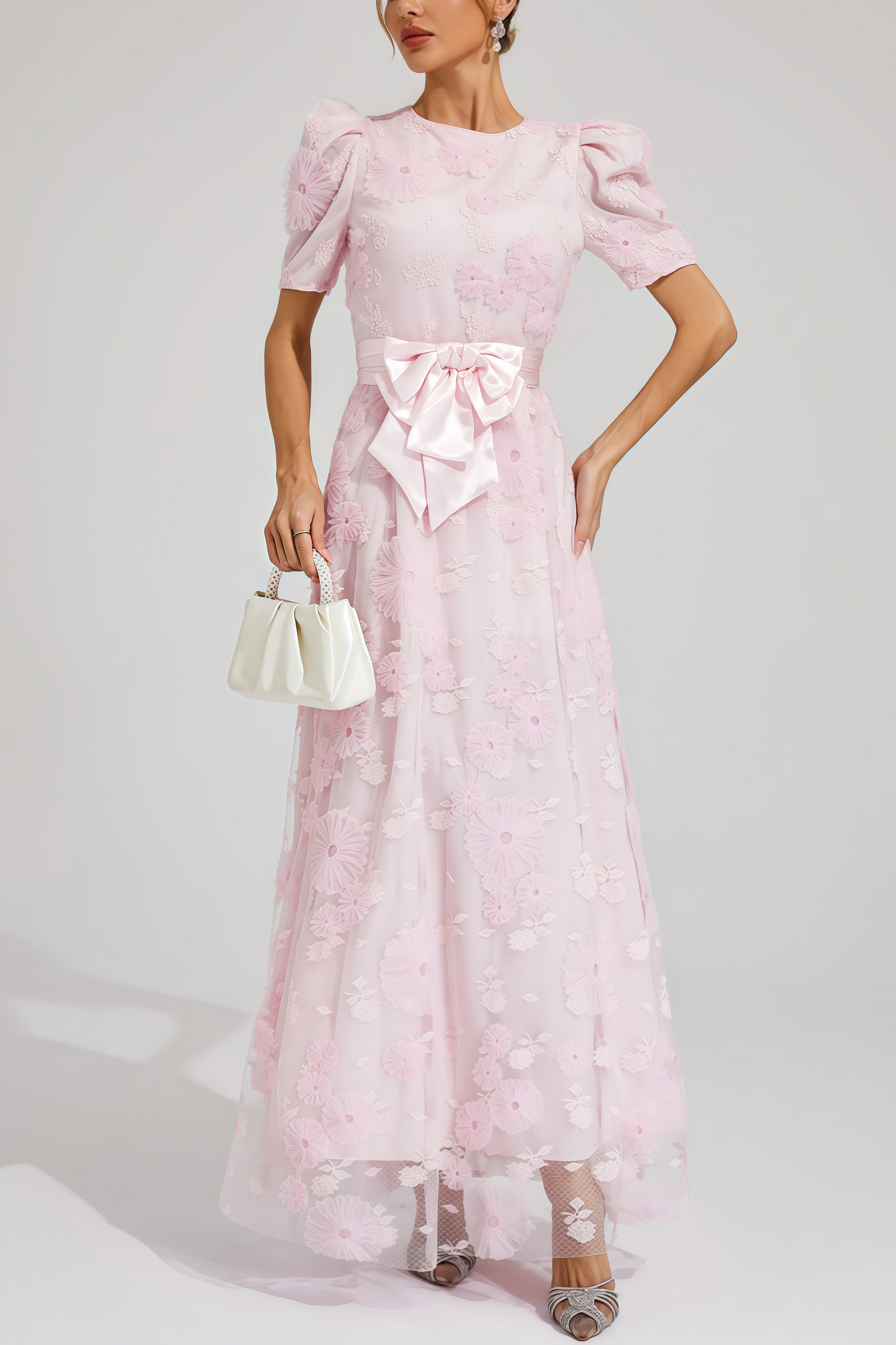 Yelen Pink Bow 3D Flower Maxi Dress