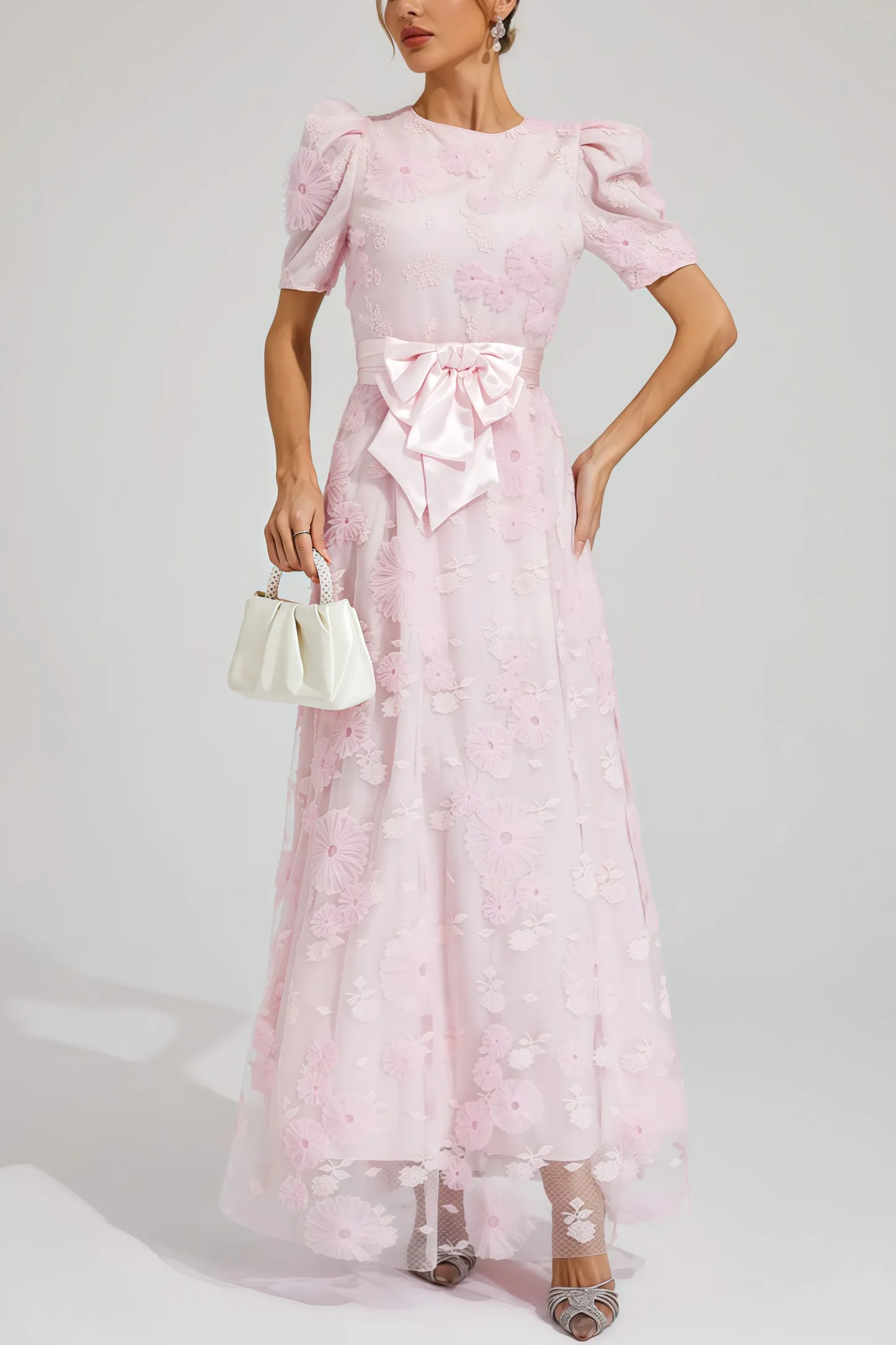 Yelen Pink Bow 3D Flower Maxi Dress