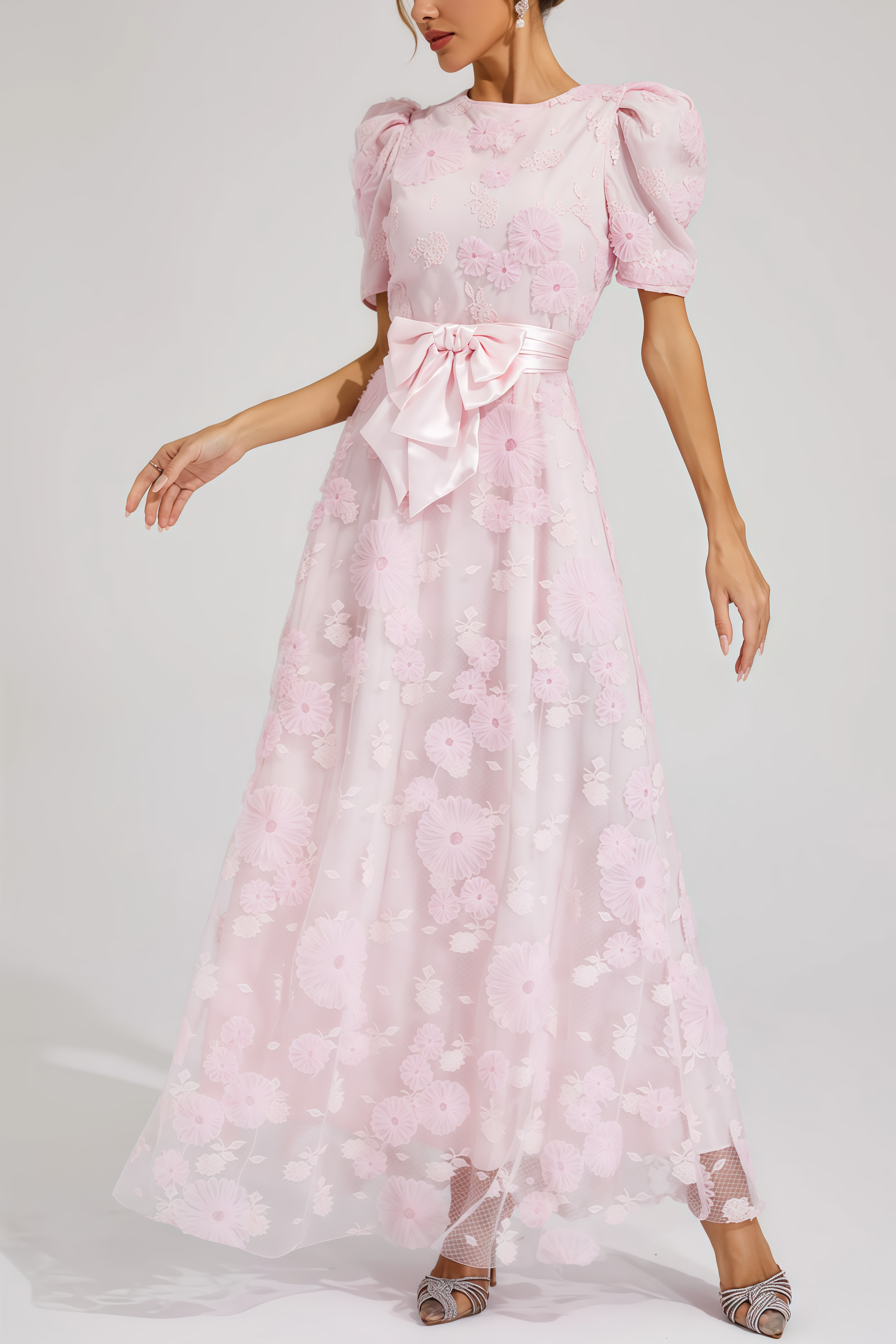 Yelen Pink Bow 3D Flower Maxi Dress