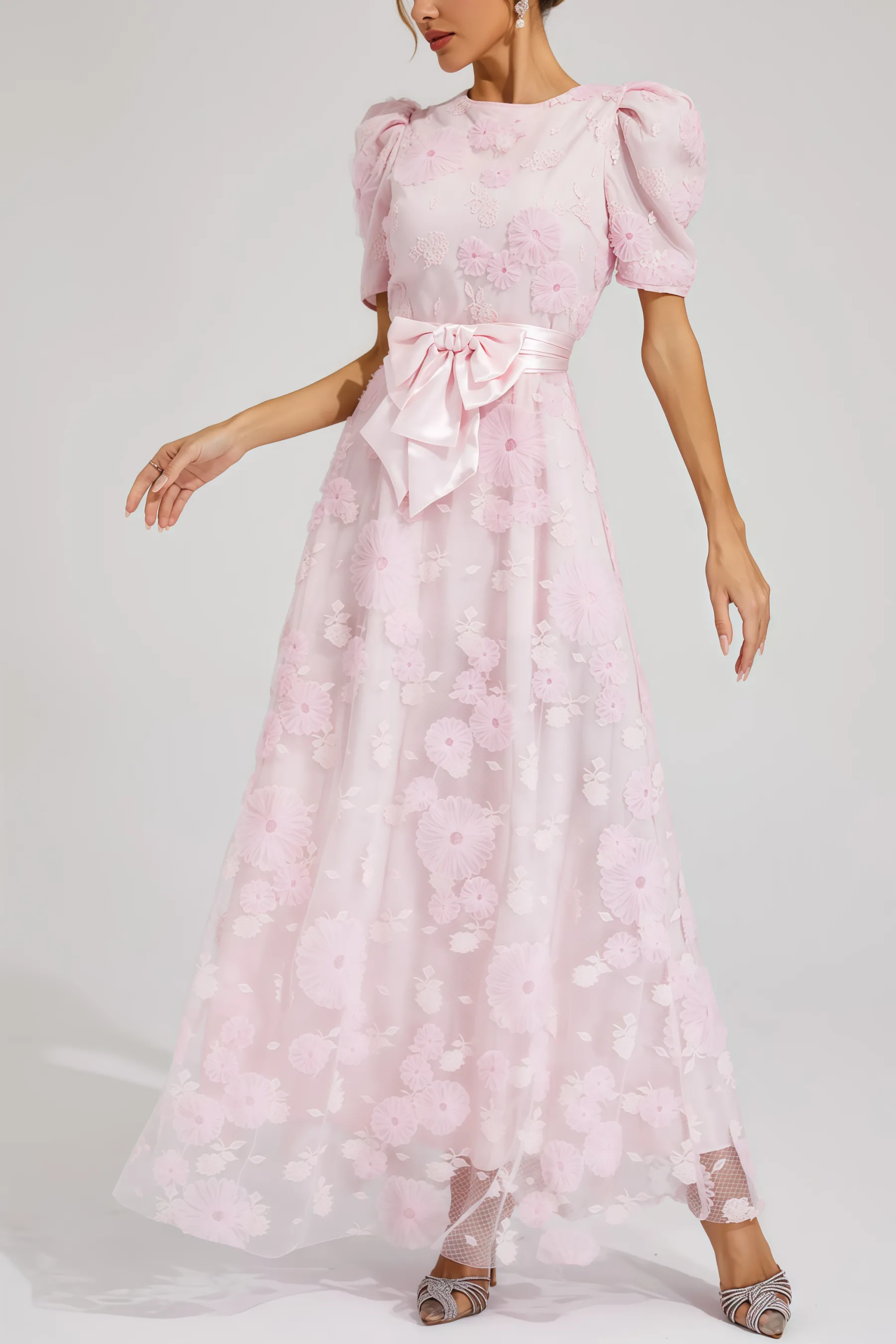Yelen Pink Bow 3D Flower Maxi Dress